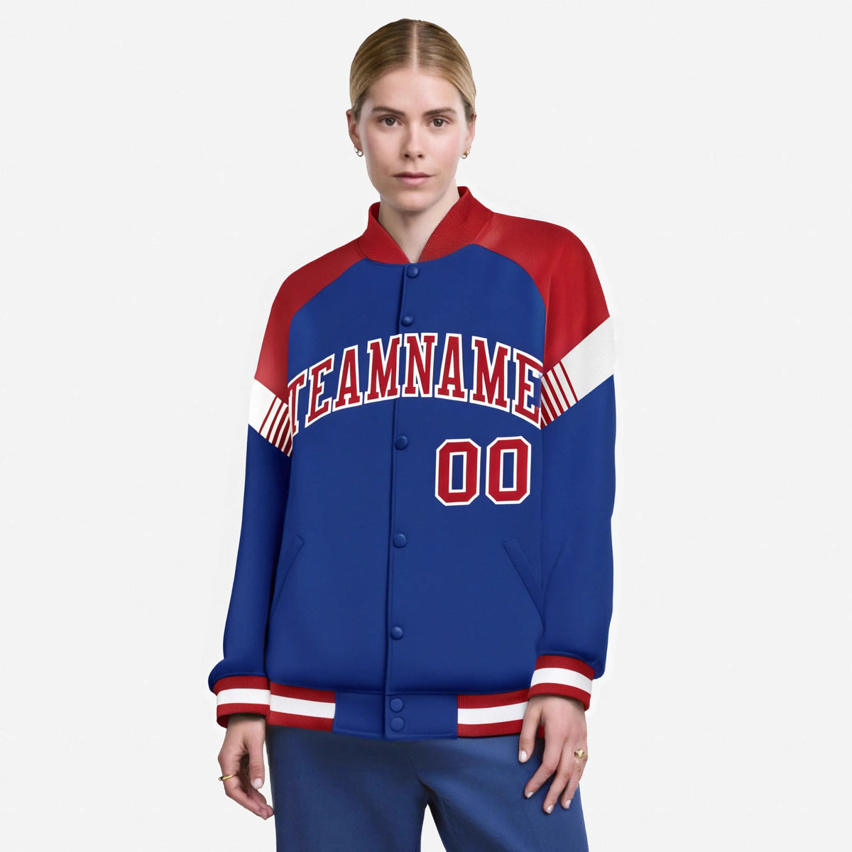 Custom Royal Blue Red-White Varsity Full-Snap Color Block Letterman Jacket