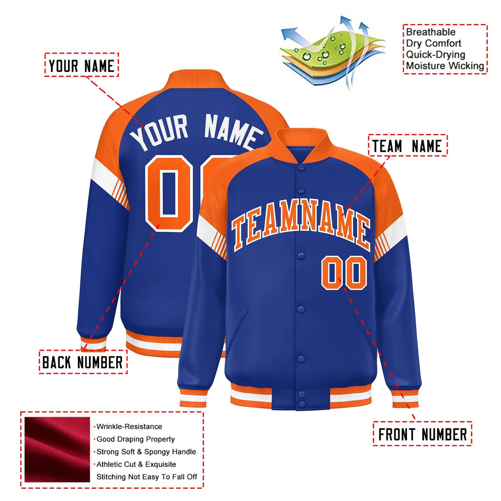 Custom Royal Blue Orange-White Varsity Full-Snap Color Block Letterman Jacket