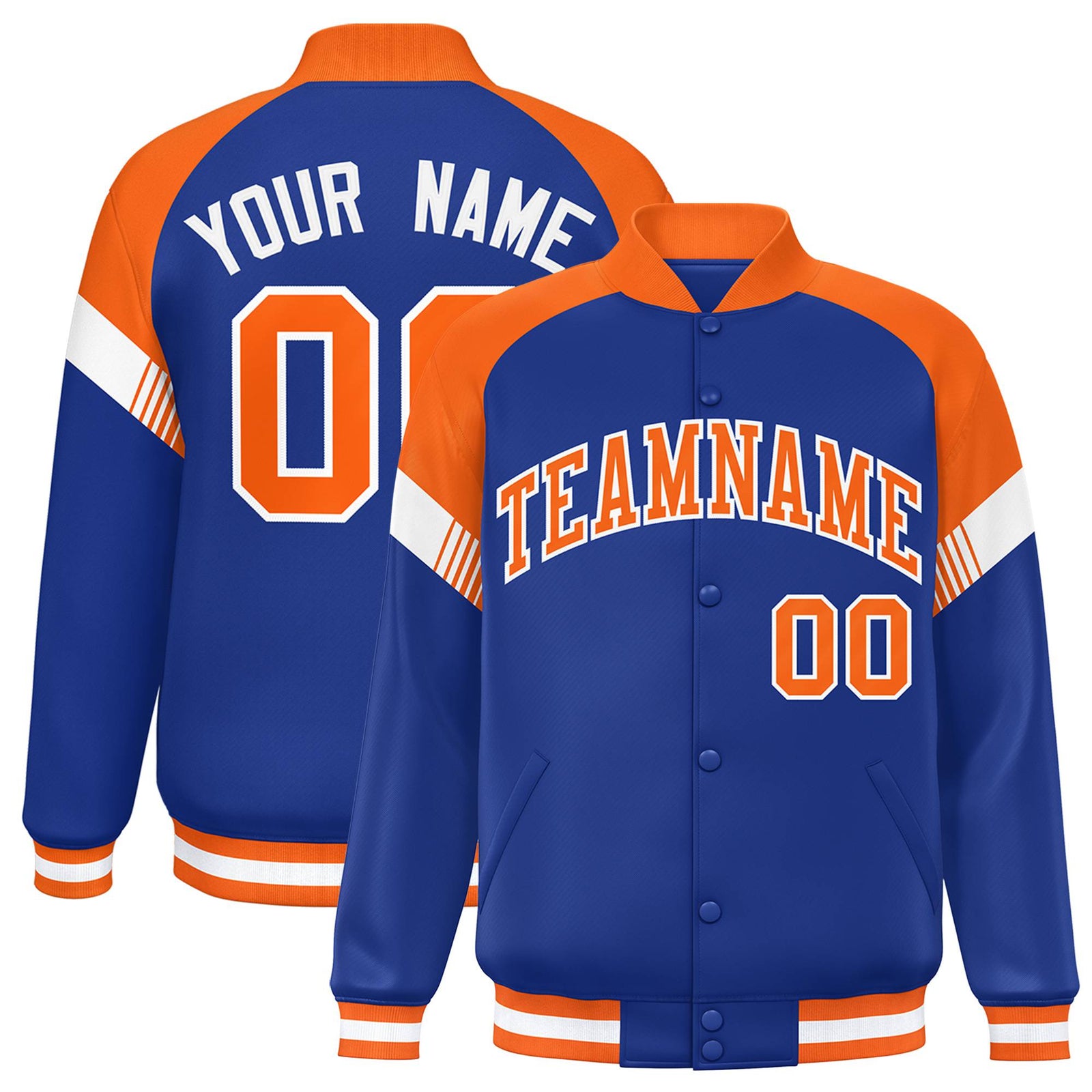 Custom Royal Blue Orange-White Varsity Full-Snap Color Block Letterman Jacket
