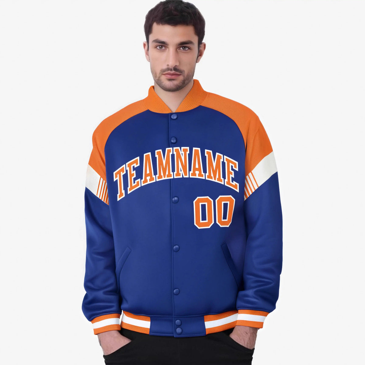 Custom Royal Blue Orange-White Varsity Full-Snap Color Block Letterman Jacket