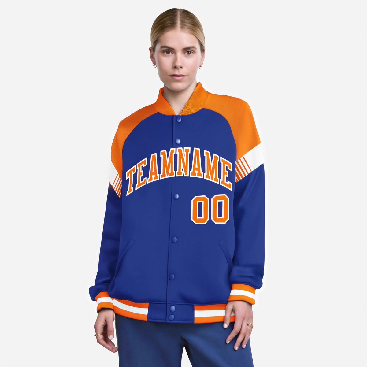 Custom Royal Blue Orange-White Varsity Full-Snap Color Block Letterman Jacket