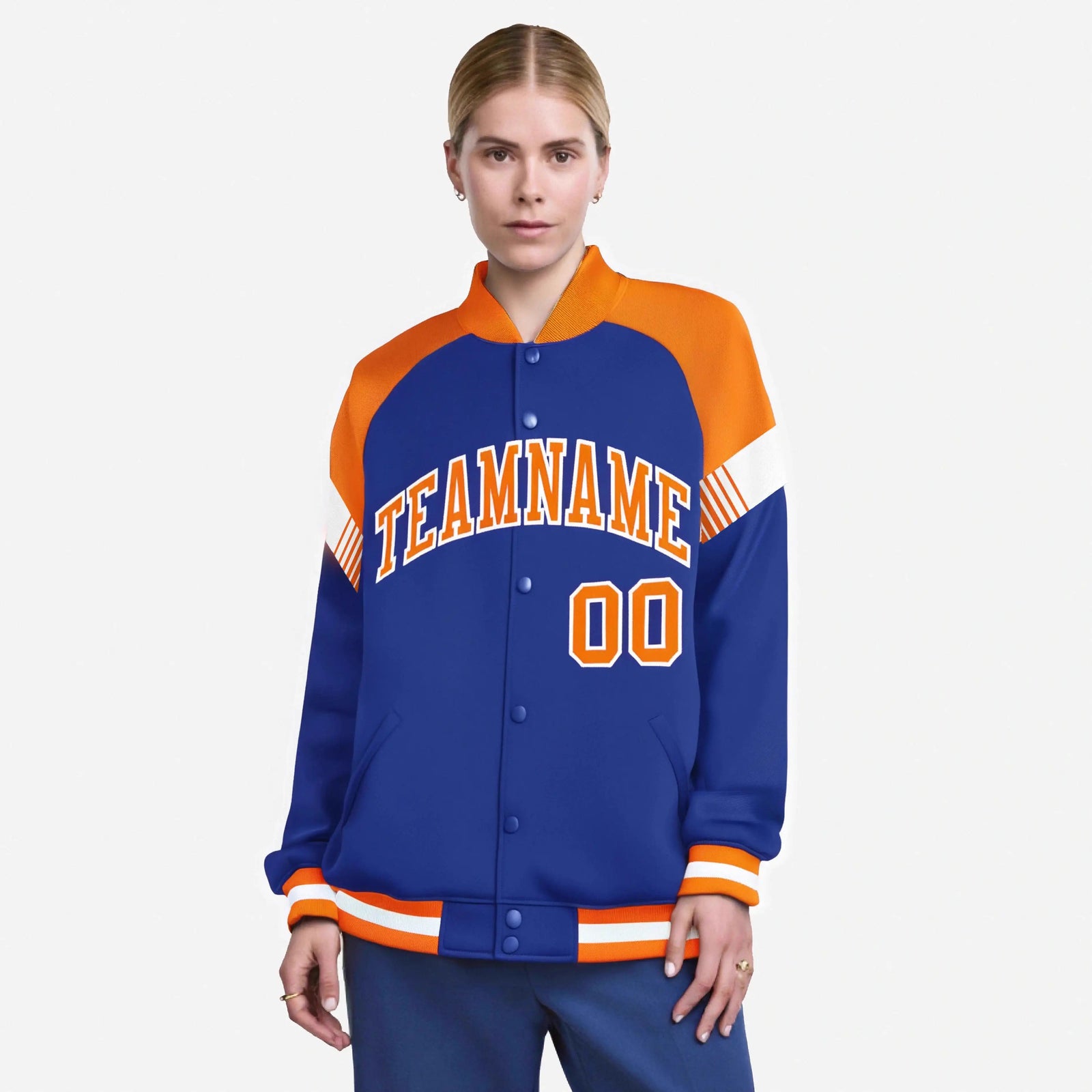 Custom Royal Blue Orange-White Varsity Full-Snap Color Block Letterman Jacket