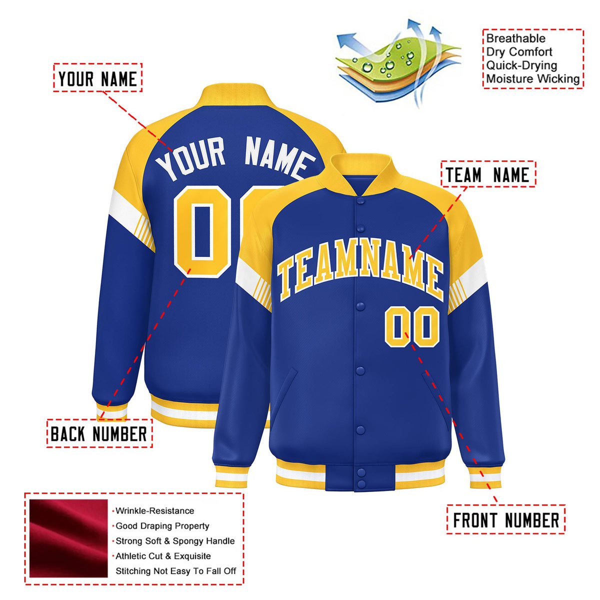 Custom Royal Blue Gold-White Varsity Full-Snap Color Block Letterman Jacket