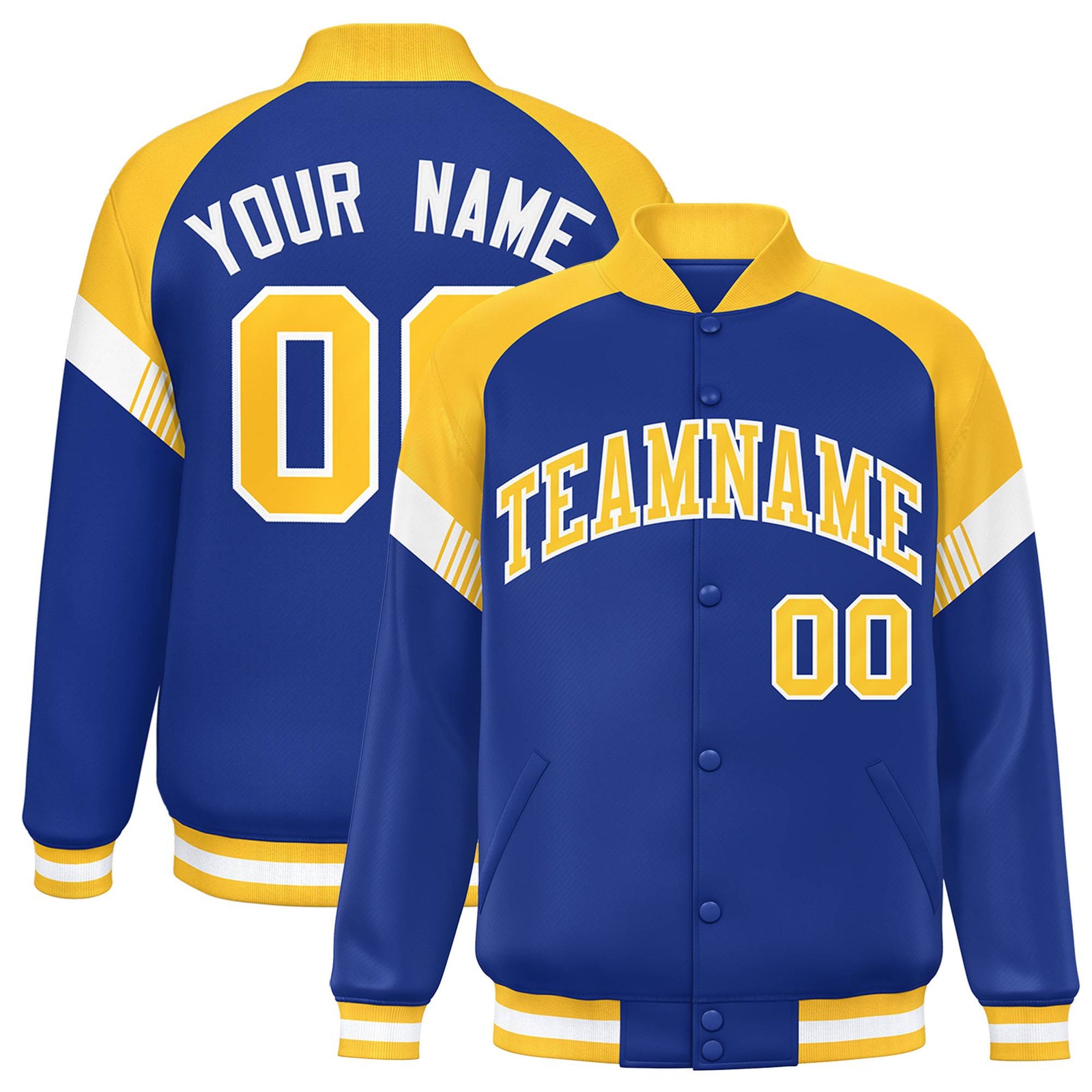 Custom Royal Blue Gold-White Varsity Full-Snap Color Block Letterman Jacket