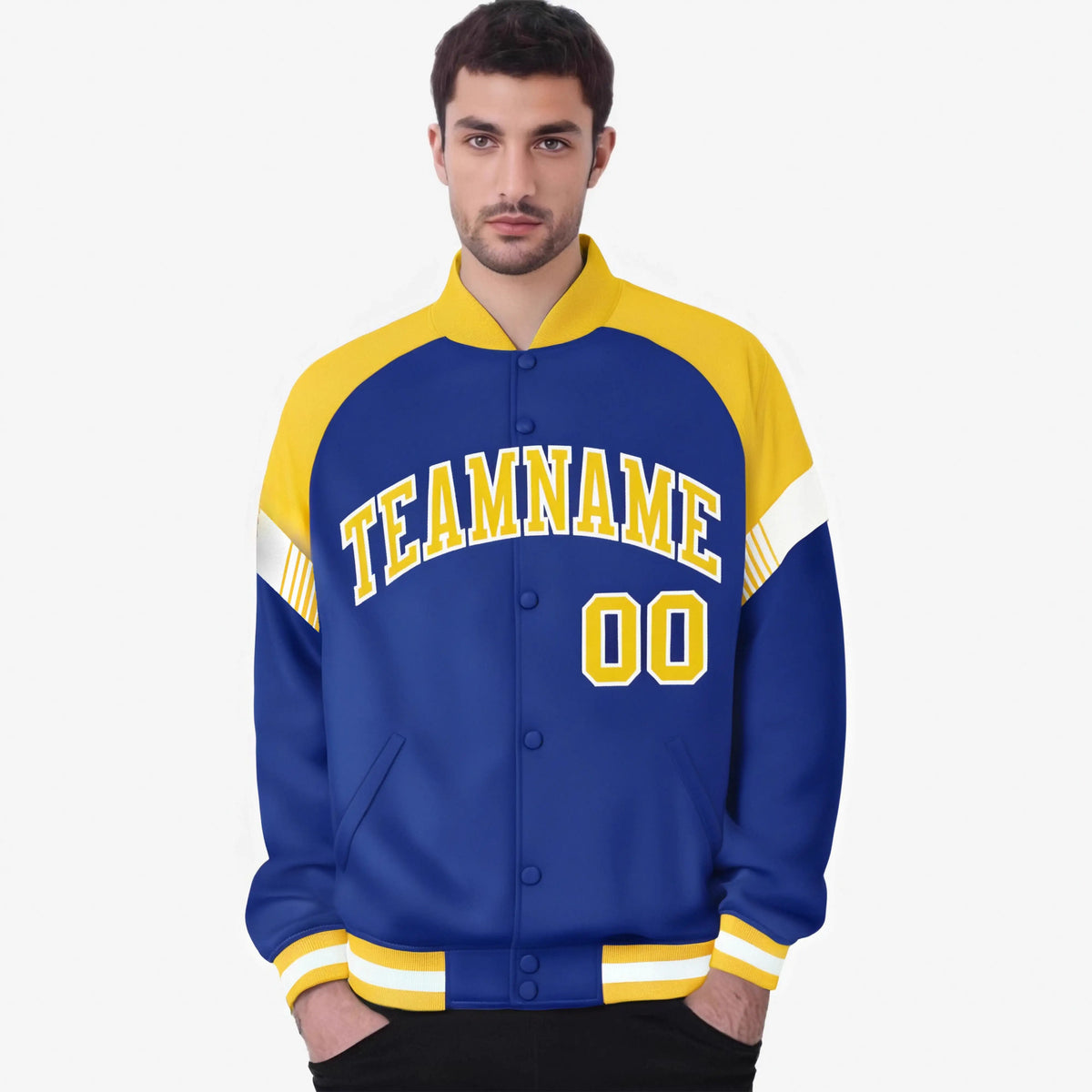 Custom Royal Blue Gold-White Varsity Full-Snap Color Block Letterman Jacket