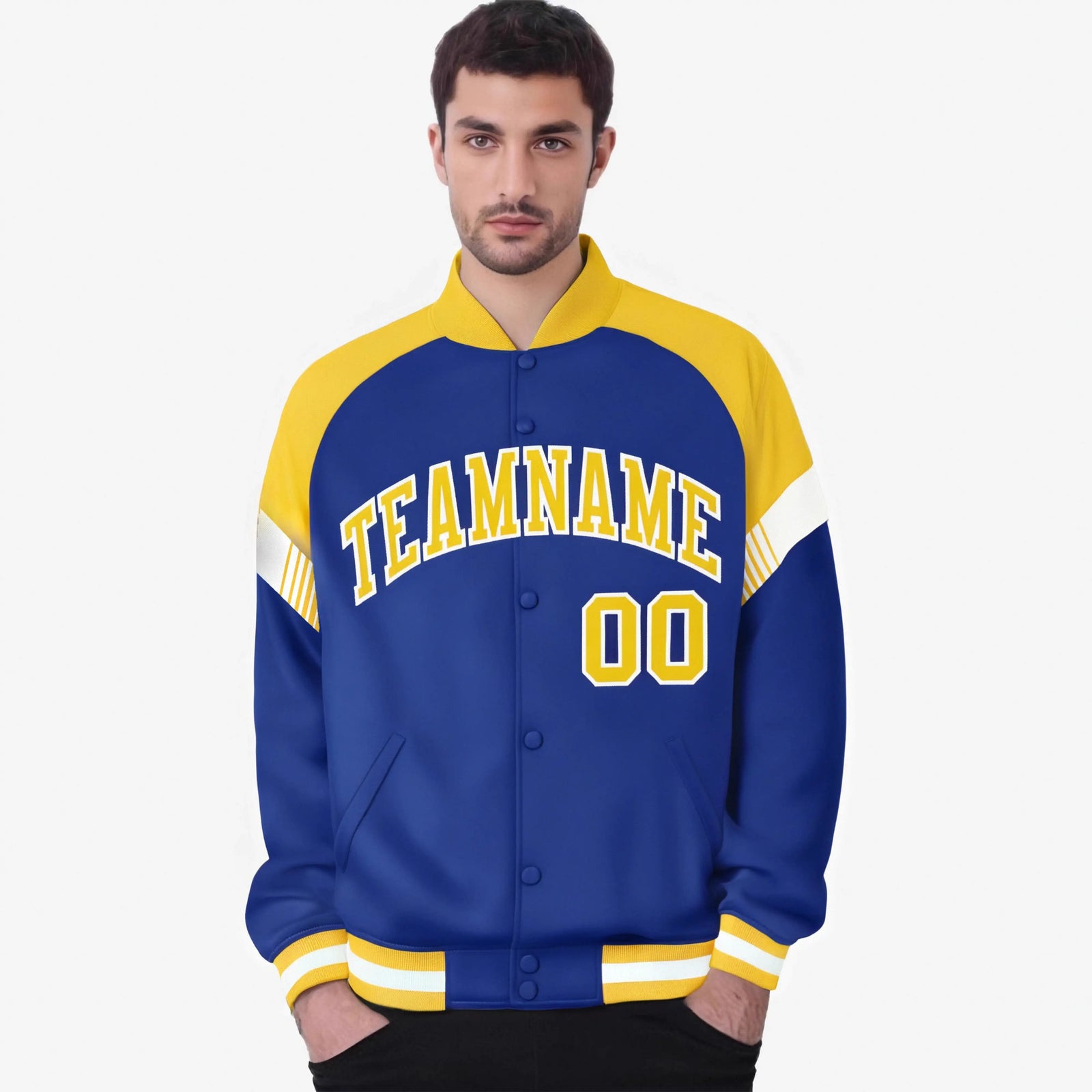 Custom Royal Blue Gold-White Varsity Full-Snap Color Block Letterman Jacket
