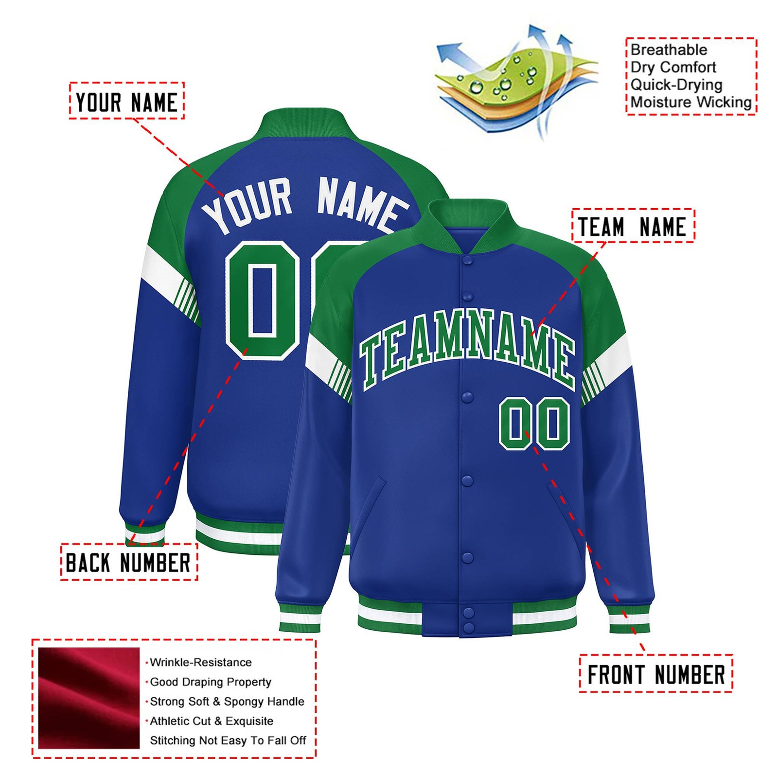 Custom Royal Blue Kelly Green-White Varsity Full-Snap Color Block Letterman Jacket