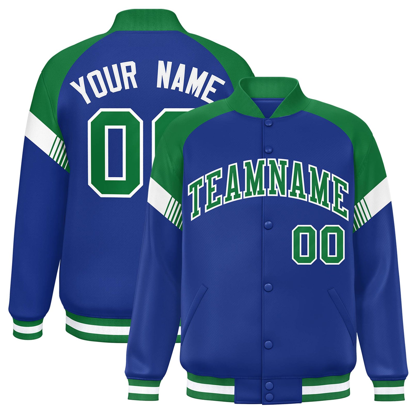 Custom Royal Blue Kelly Green-White Varsity Full-Snap Color Block Letterman Jacket