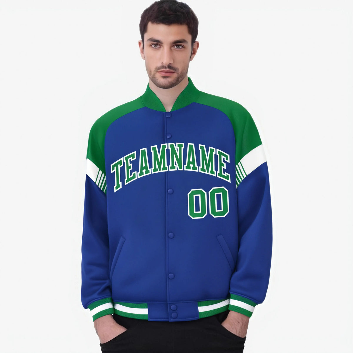 Custom Royal Blue Kelly Green-White Varsity Full-Snap Color Block Letterman Jacket