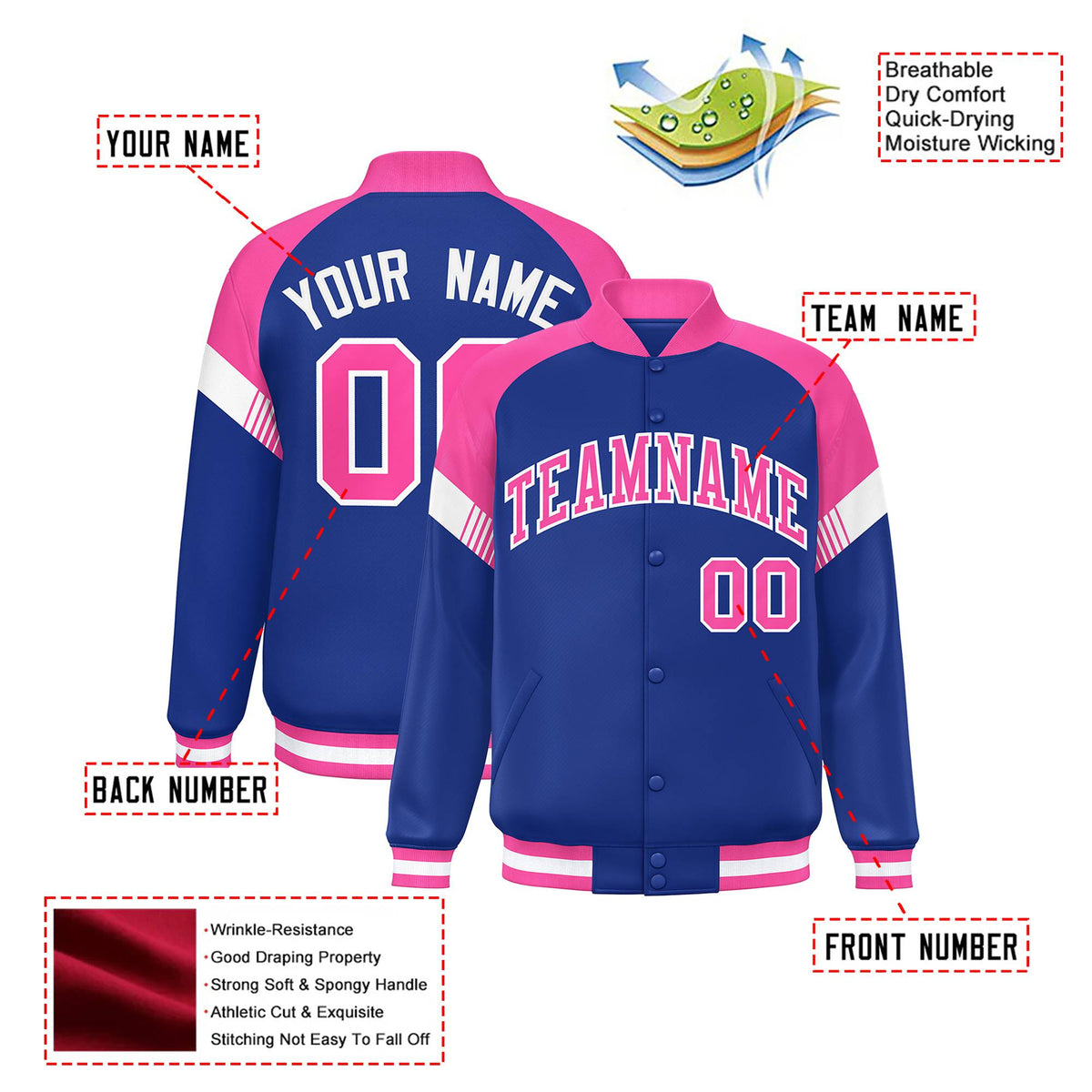 Custom Royal Blue Pink-White Varsity Full-Snap Color Block Letterman Jacket