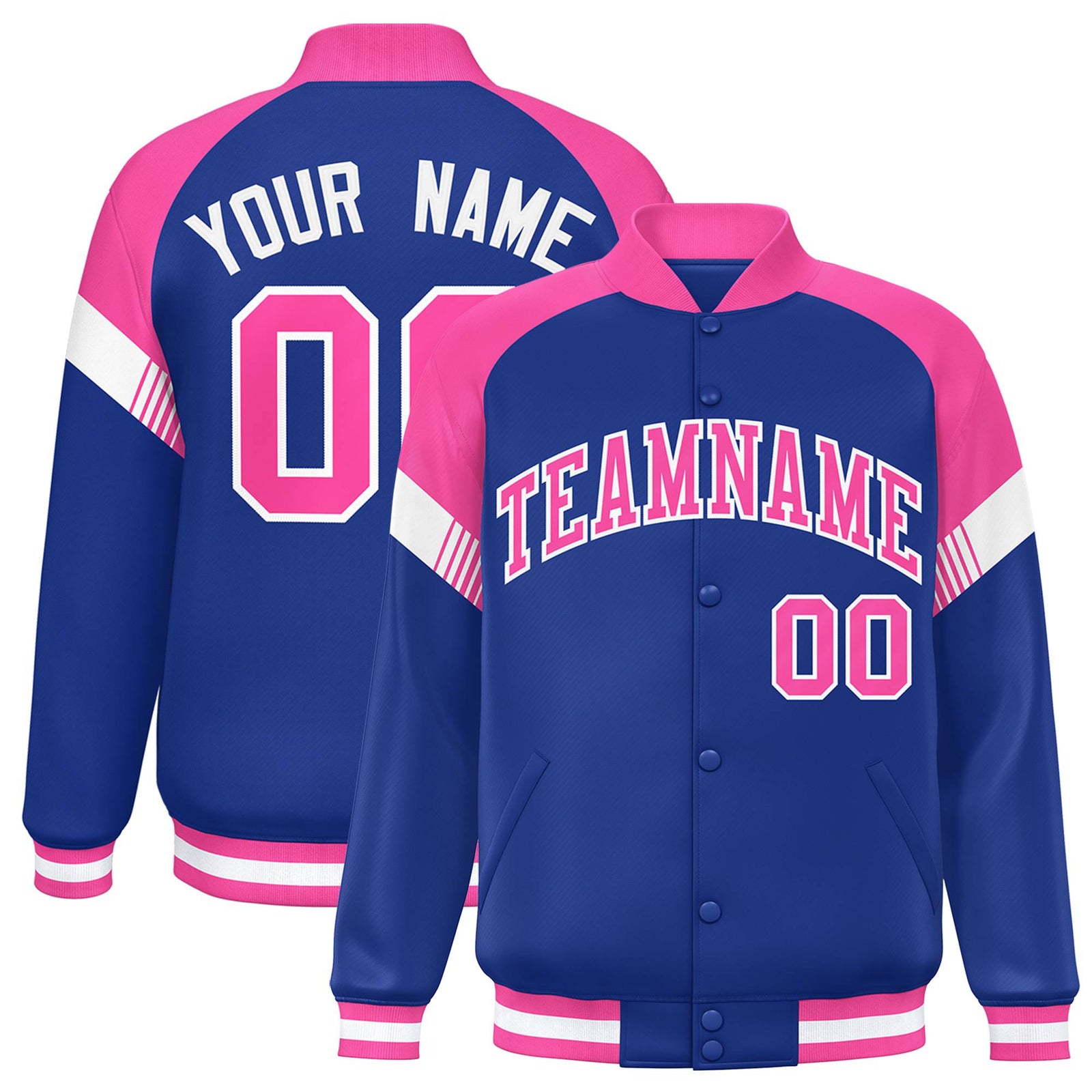 Custom Royal Blue Pink-White Varsity Full-Snap Color Block Letterman Jacket