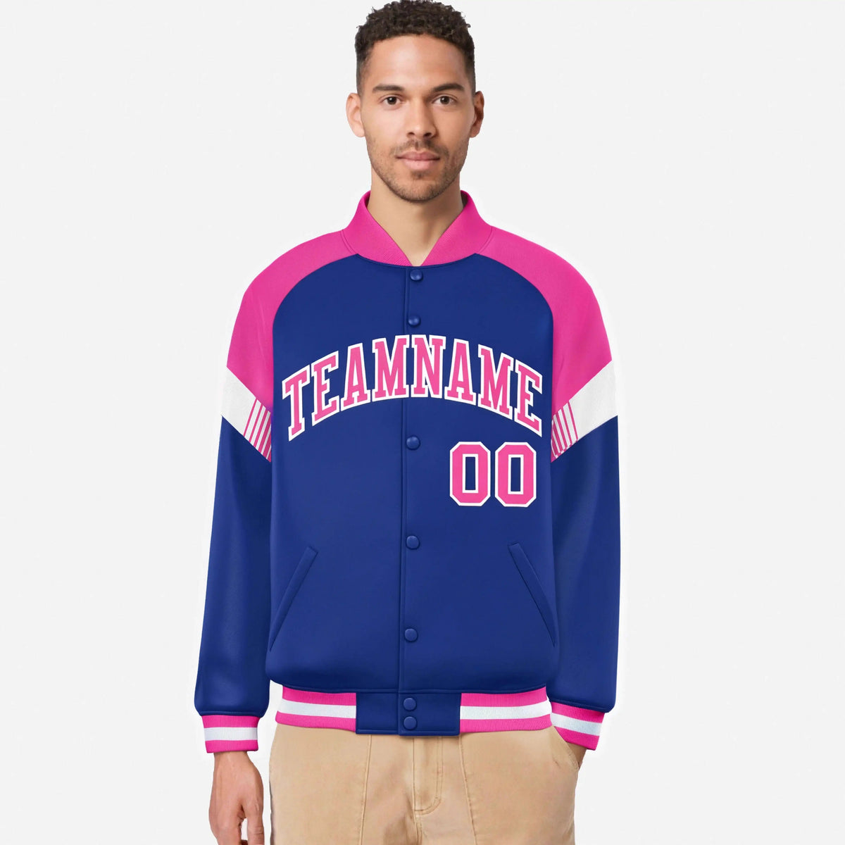 Custom Royal Blue Pink-White Varsity Full-Snap Color Block Letterman Jacket