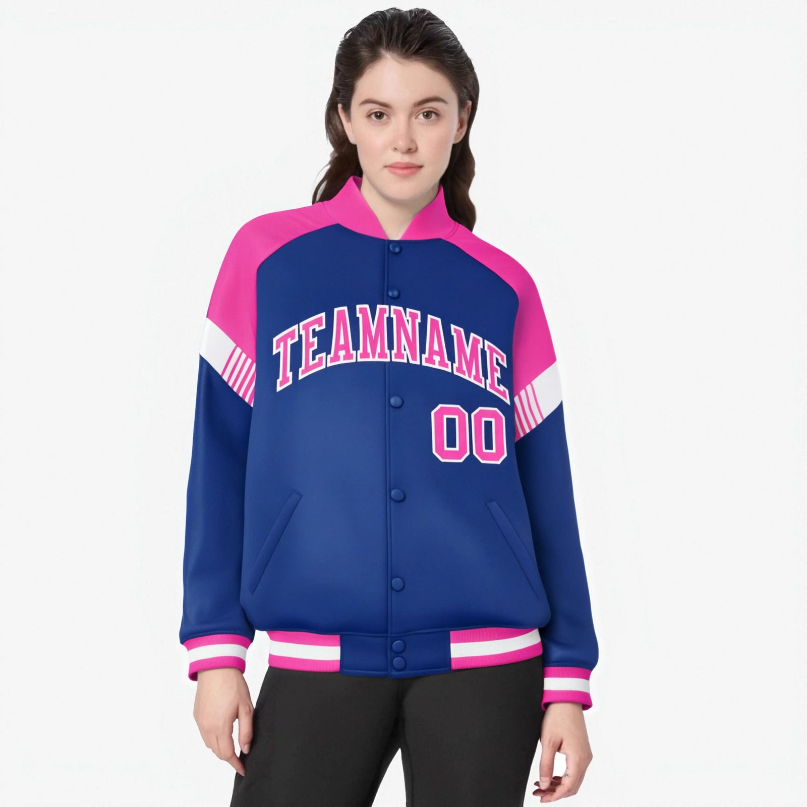 Custom Royal Blue Pink-White Varsity Full-Snap Color Block Letterman Jacket