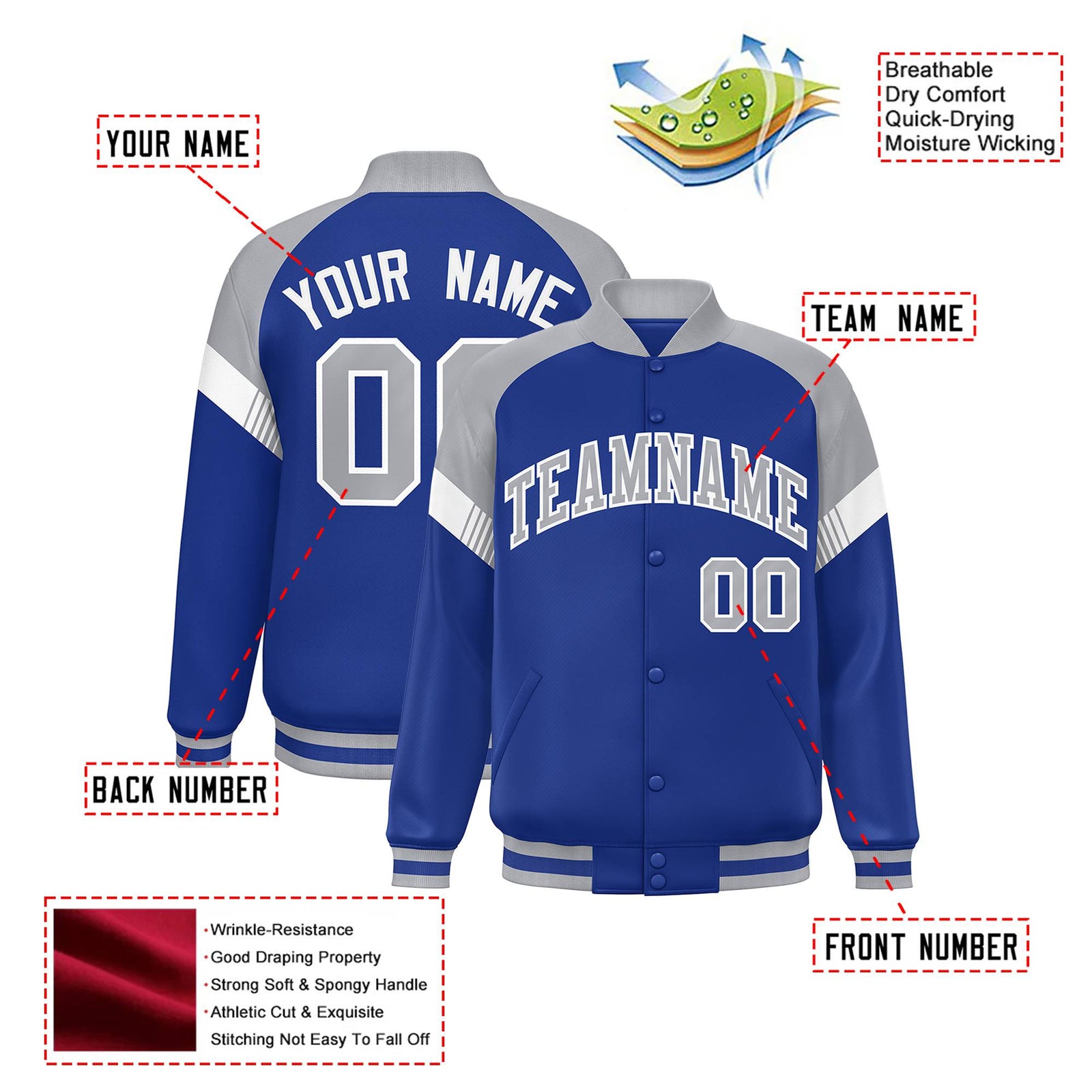 Custom Royal Blue Gray-White Varsity Full-Snap Color Block Letterman Jacket