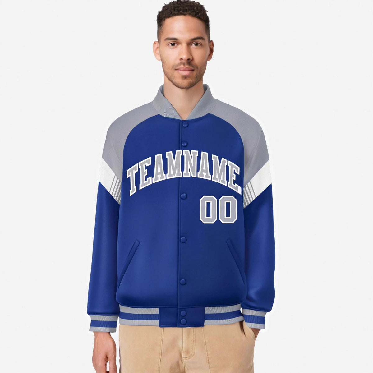 Custom Royal Blue Gray-White Varsity Full-Snap Color Block Letterman Jacket