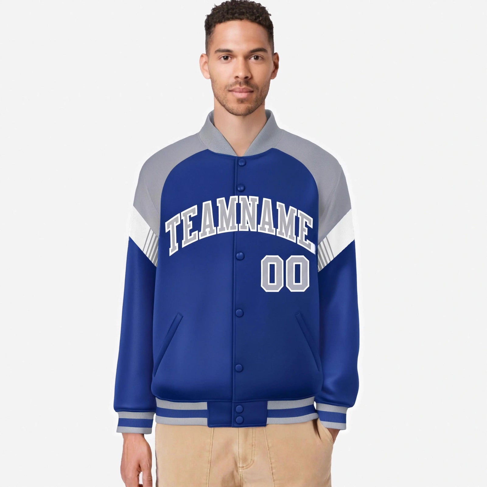 Custom Royal Blue Gray-White Varsity Full-Snap Color Block Letterman Jacket