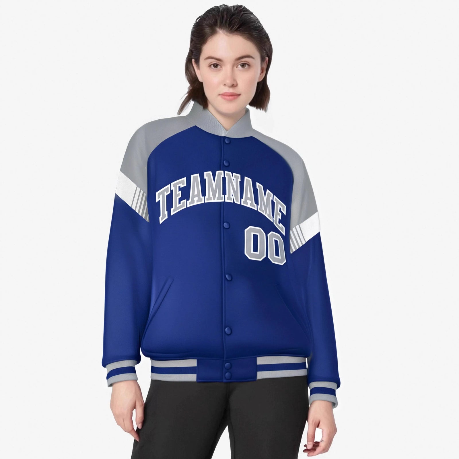 Custom Royal Blue Gray-White Varsity Full-Snap Color Block Letterman Jacket