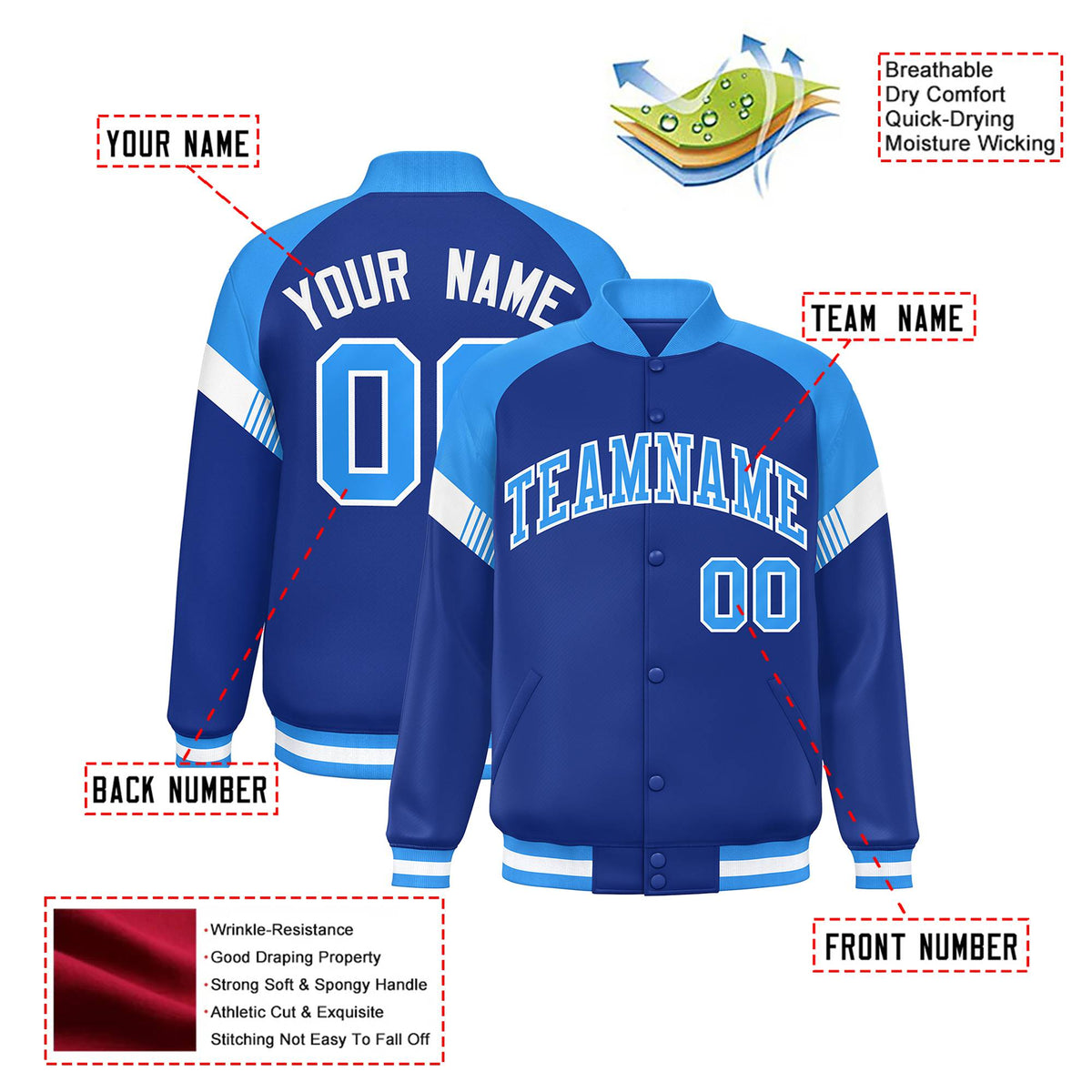 Custom Royal Blue Powder Blue-White Varsity Full-Snap Color Block Letterman Jacket