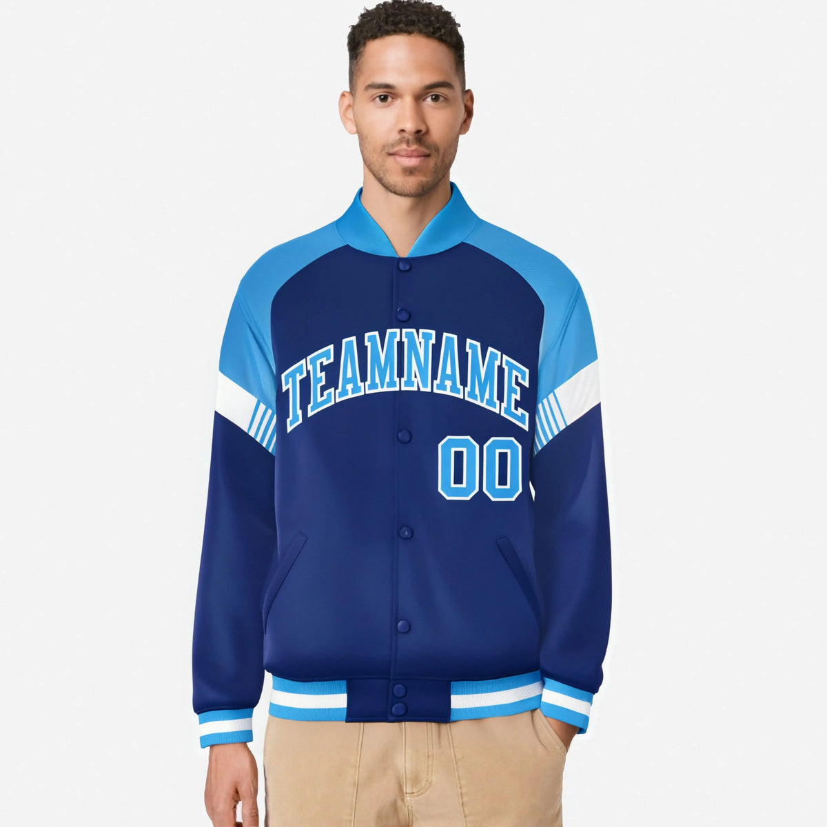 Custom Royal Blue Powder Blue-White Varsity Full-Snap Color Block Letterman Jacket