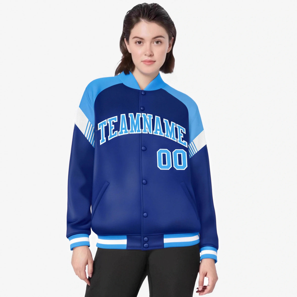 Custom Royal Blue Powder Blue-White Varsity Full-Snap Color Block Letterman Jacket