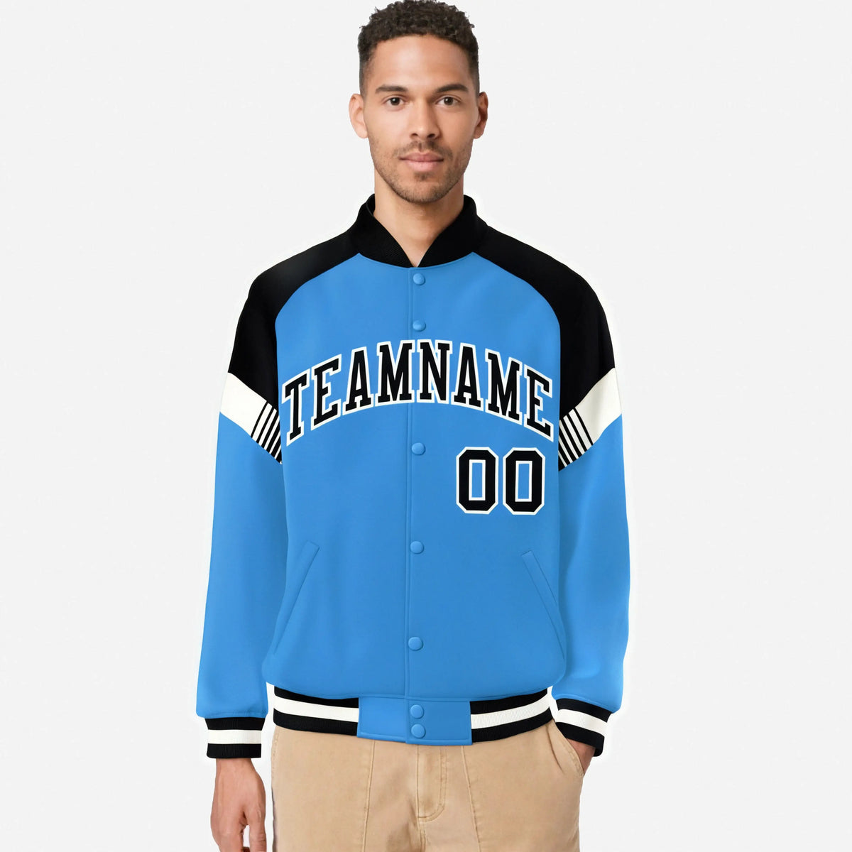 Custom Powder Blue Black-White Varsity Full-Snap Color Block Letterman Jacket