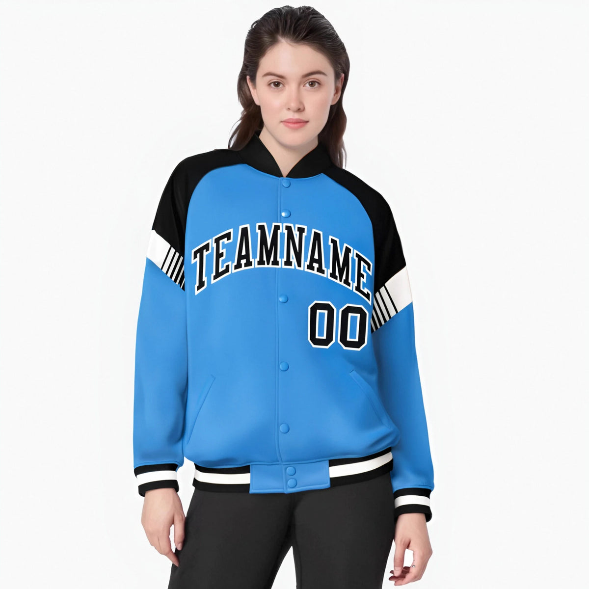 Custom Powder Blue Black-White Varsity Full-Snap Color Block Letterman Jacket