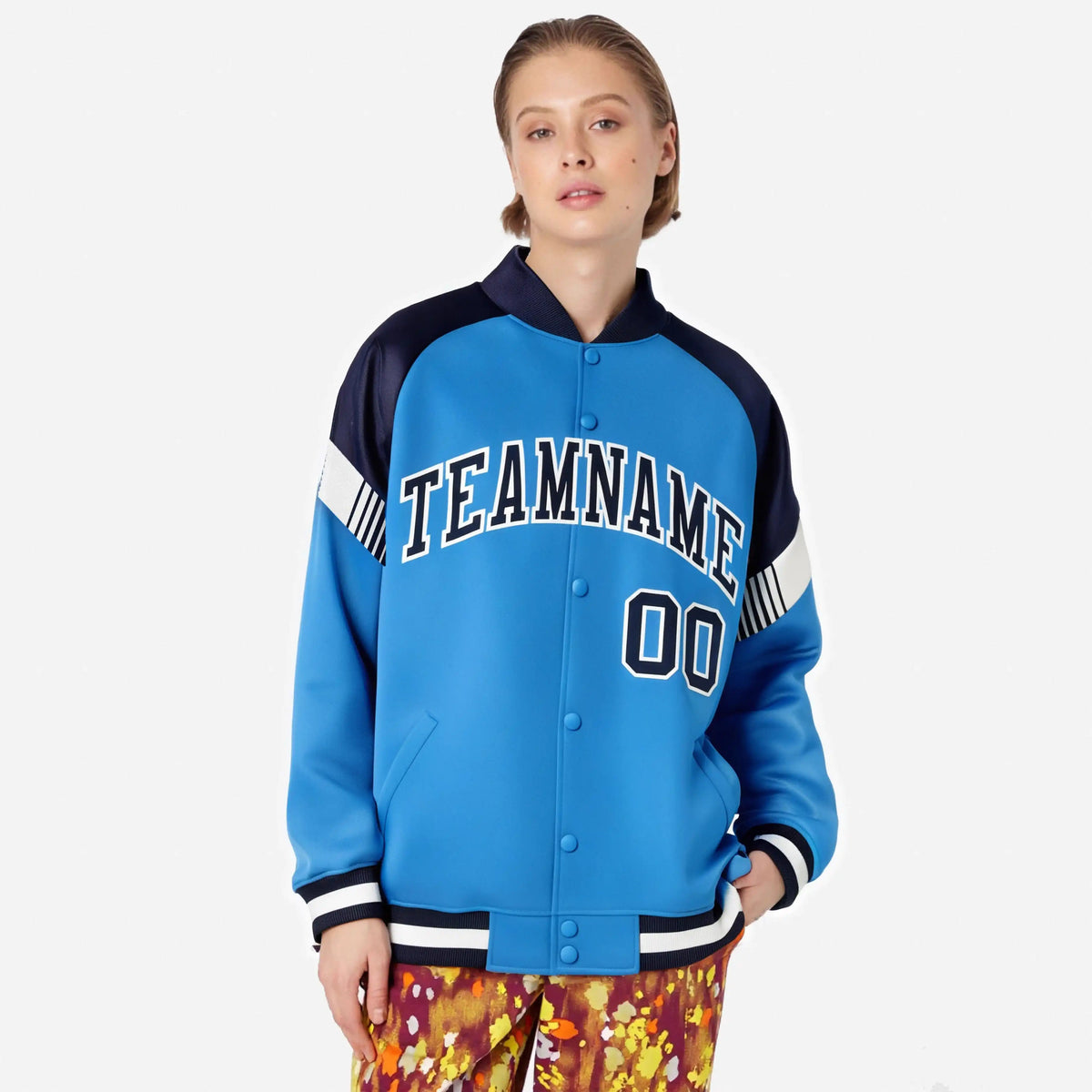 Custom Powder Blue Navy-White Varsity Full-Snap Color Block Letterman Jacket