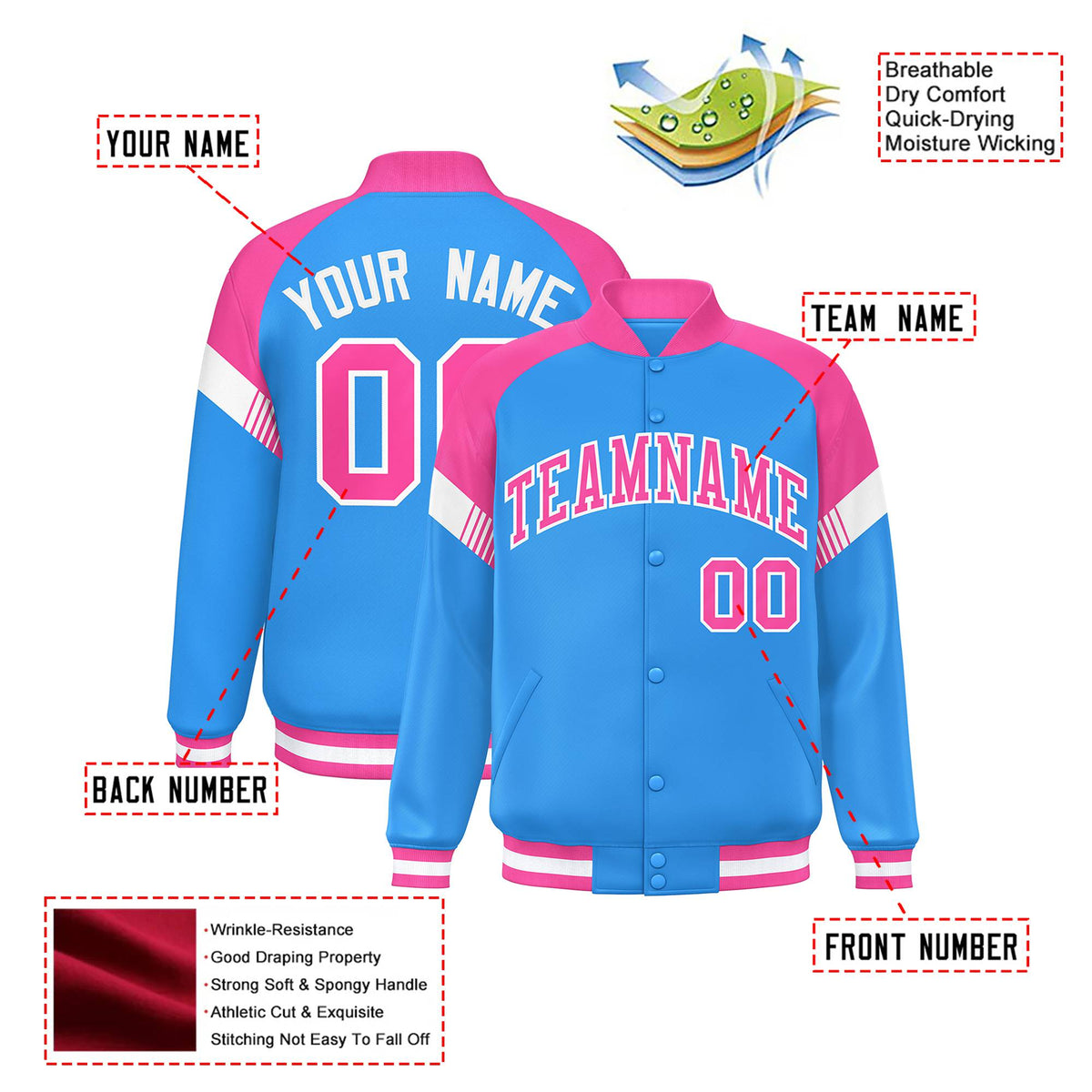 Custom Powder Blue Pink-White Varsity Full-Snap Color Block Letterman Jacket