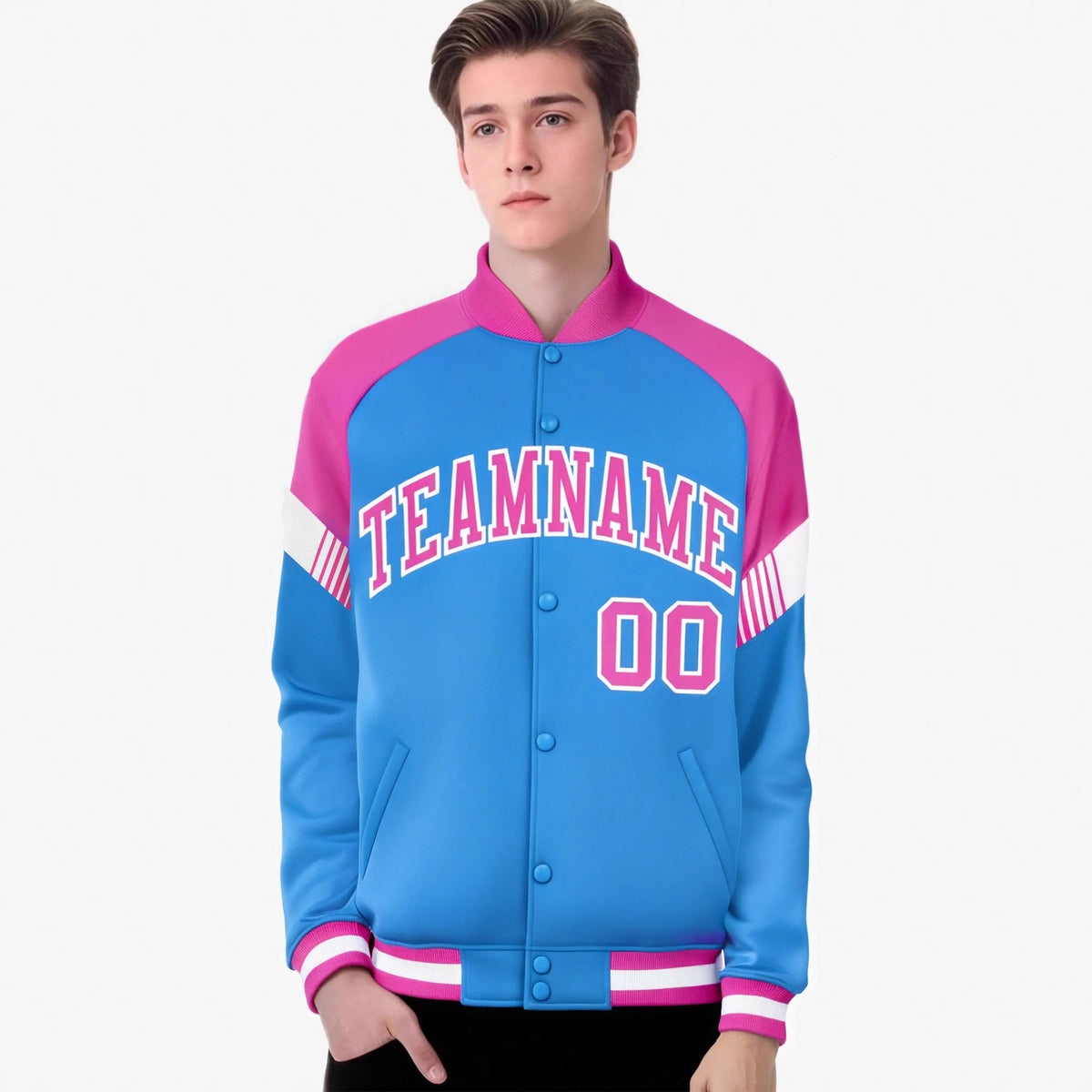Custom Powder Blue Pink-White Varsity Full-Snap Color Block Letterman Jacket