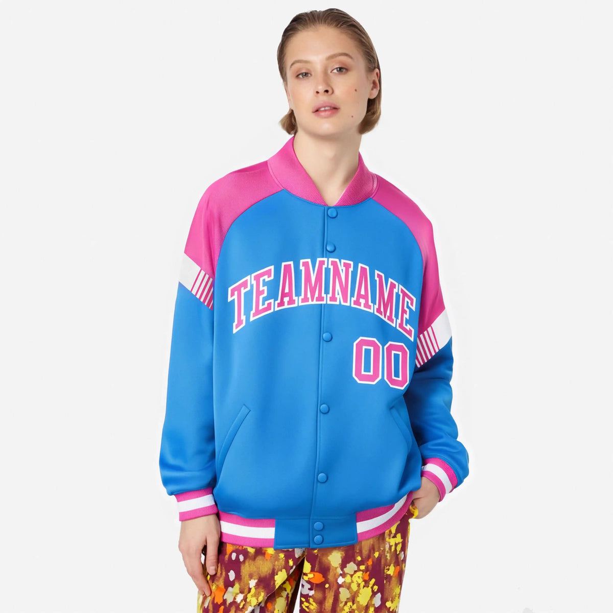 Custom Powder Blue Pink-White Varsity Full-Snap Color Block Letterman Jacket