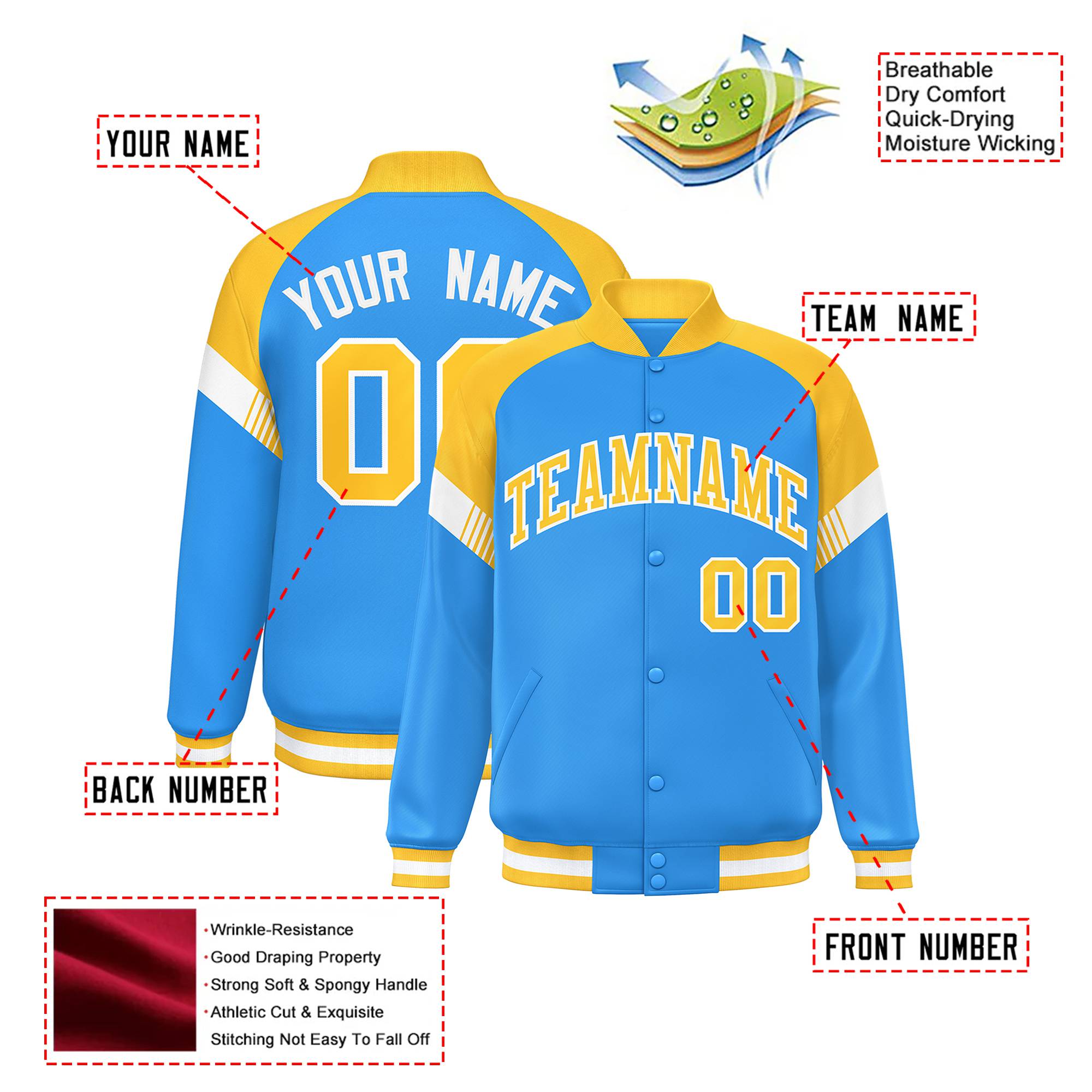 Custom Powder Blue Gold-White Varsity Full-Snap Color Block Letterman Jacket