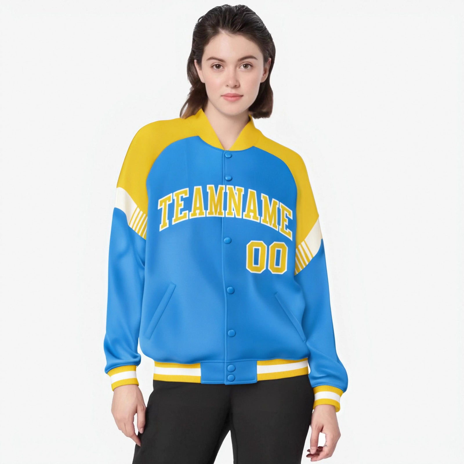 Custom Powder Blue Gold-White Varsity Full-Snap Color Block Letterman Jacket