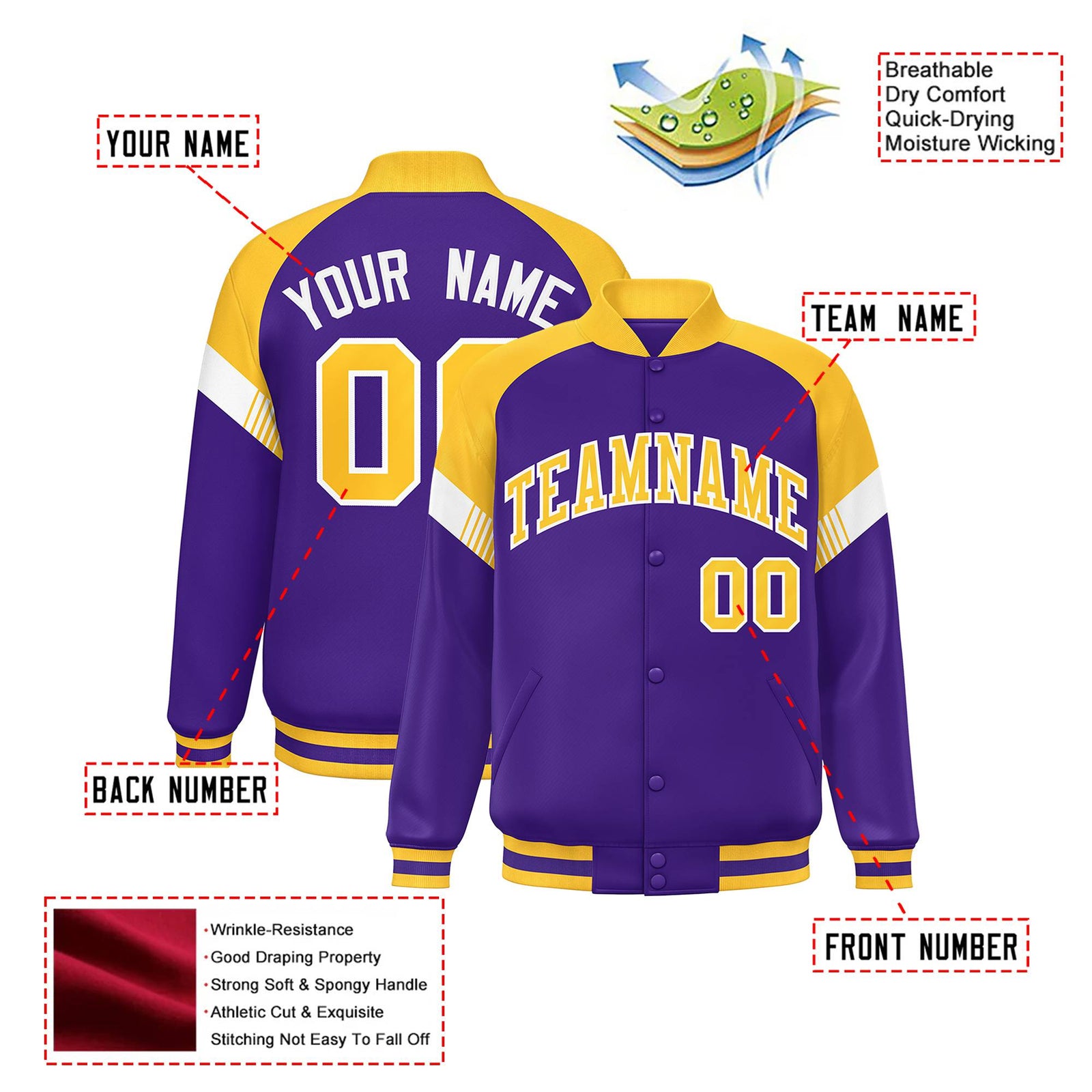 Custom Purple Gold-White Varsity Full-Snap Color Block Letterman Jacket