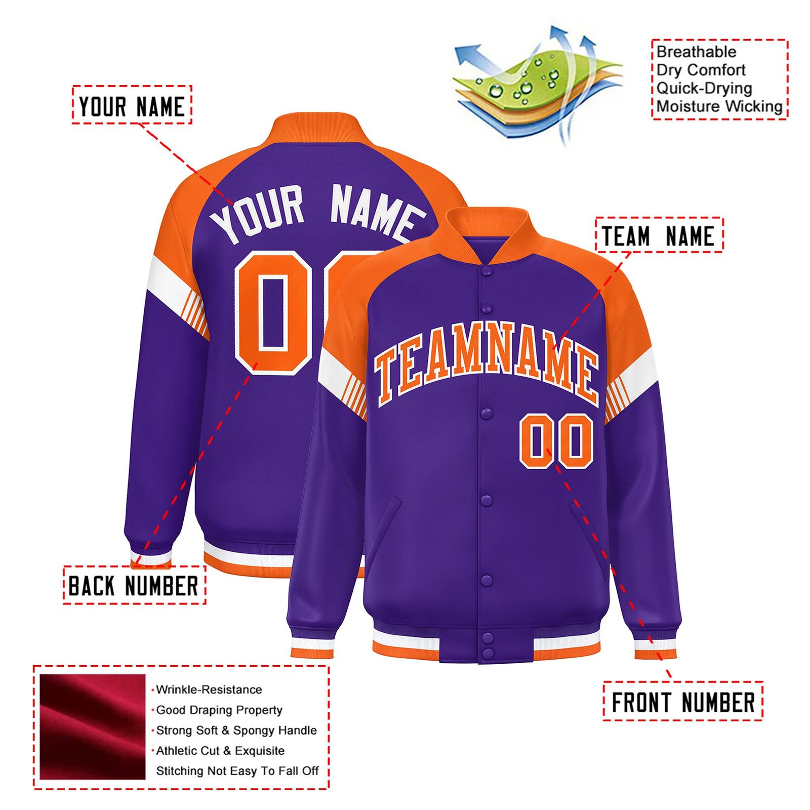 Custom Purple Orange-White Varsity Full-Snap Color Block Letterman Jacket