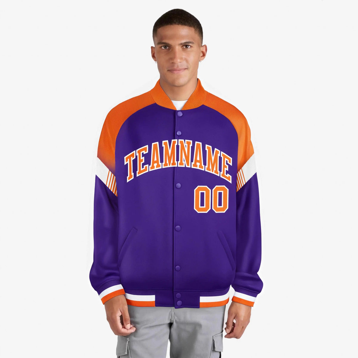 Custom Purple Orange-White Varsity Full-Snap Color Block Letterman Jacket