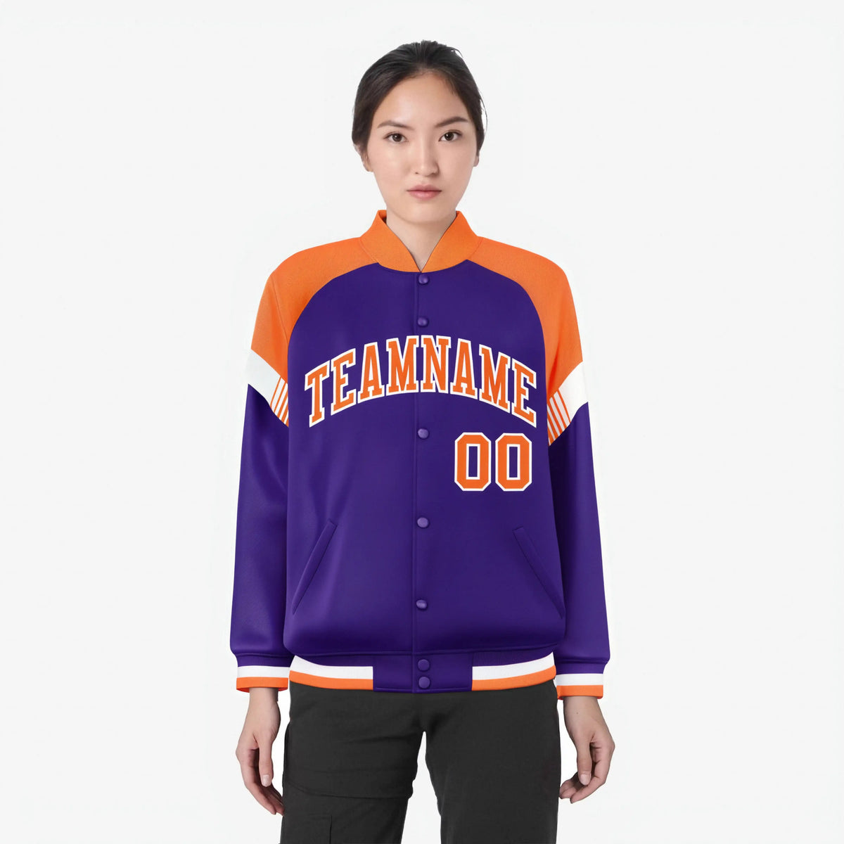 Custom Purple Orange-White Varsity Full-Snap Color Block Letterman Jacket