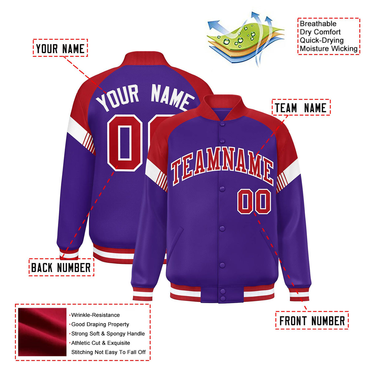 Custom Purple Red-White Varsity Full-Snap Color Block Letterman Jacket