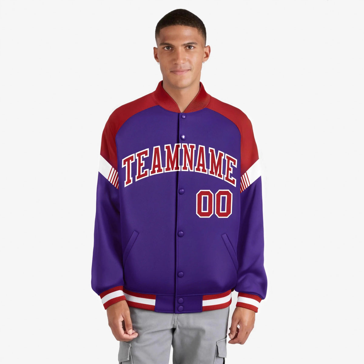 Custom Purple Red-White Varsity Full-Snap Color Block Letterman Jacket