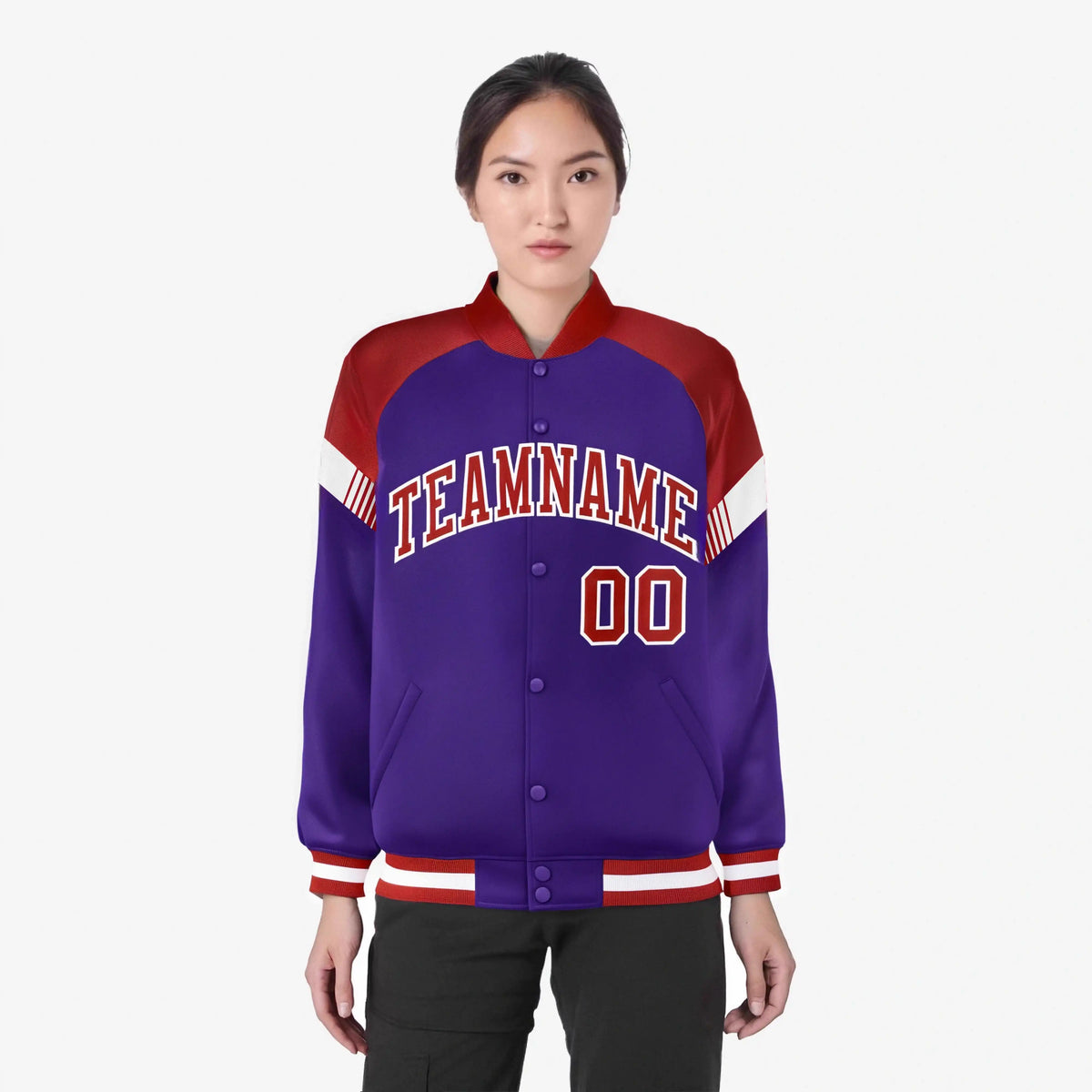 Custom Purple Red-White Varsity Full-Snap Color Block Letterman Jacket