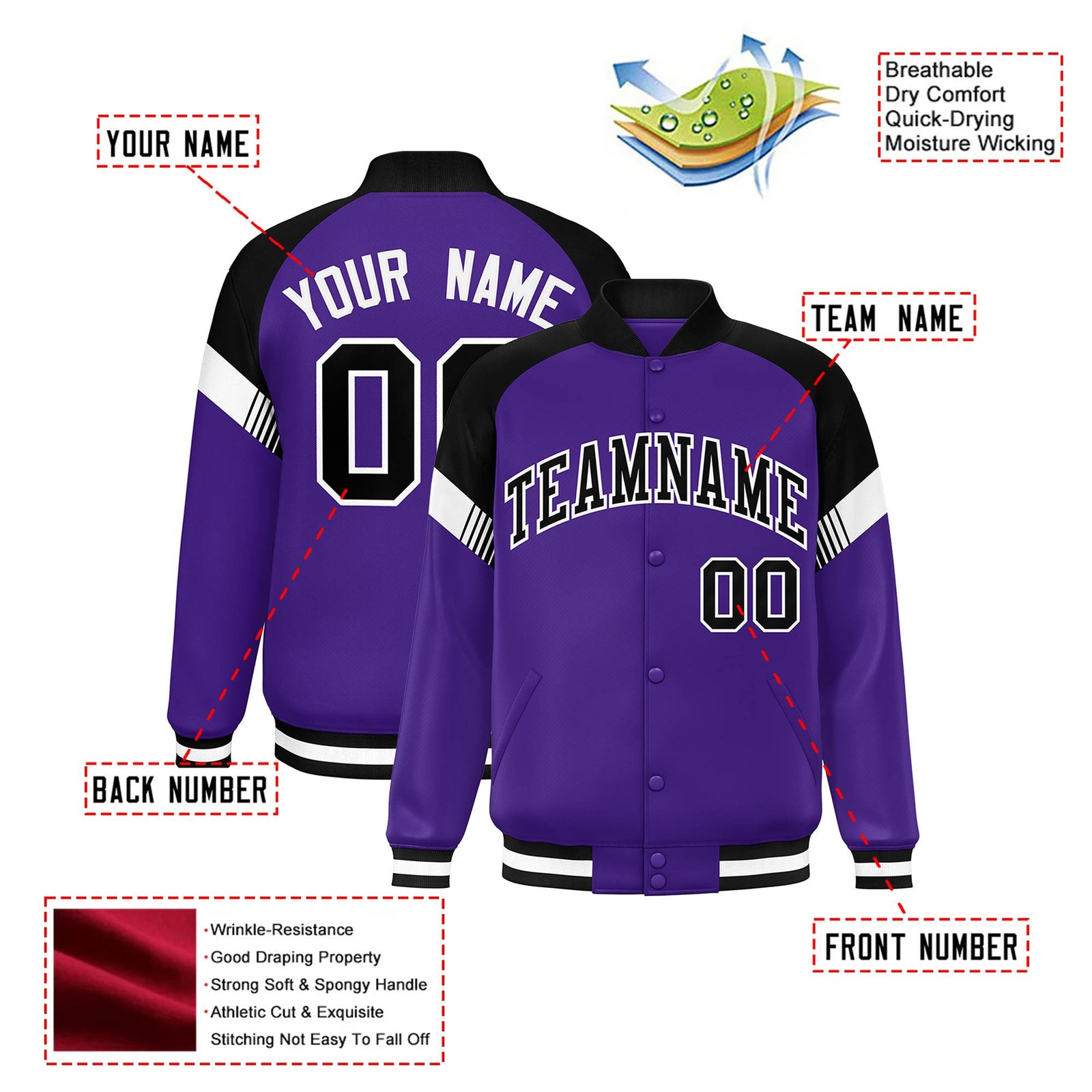Custom Purple Black-White Varsity Full-Snap Color Block Letterman Jacket