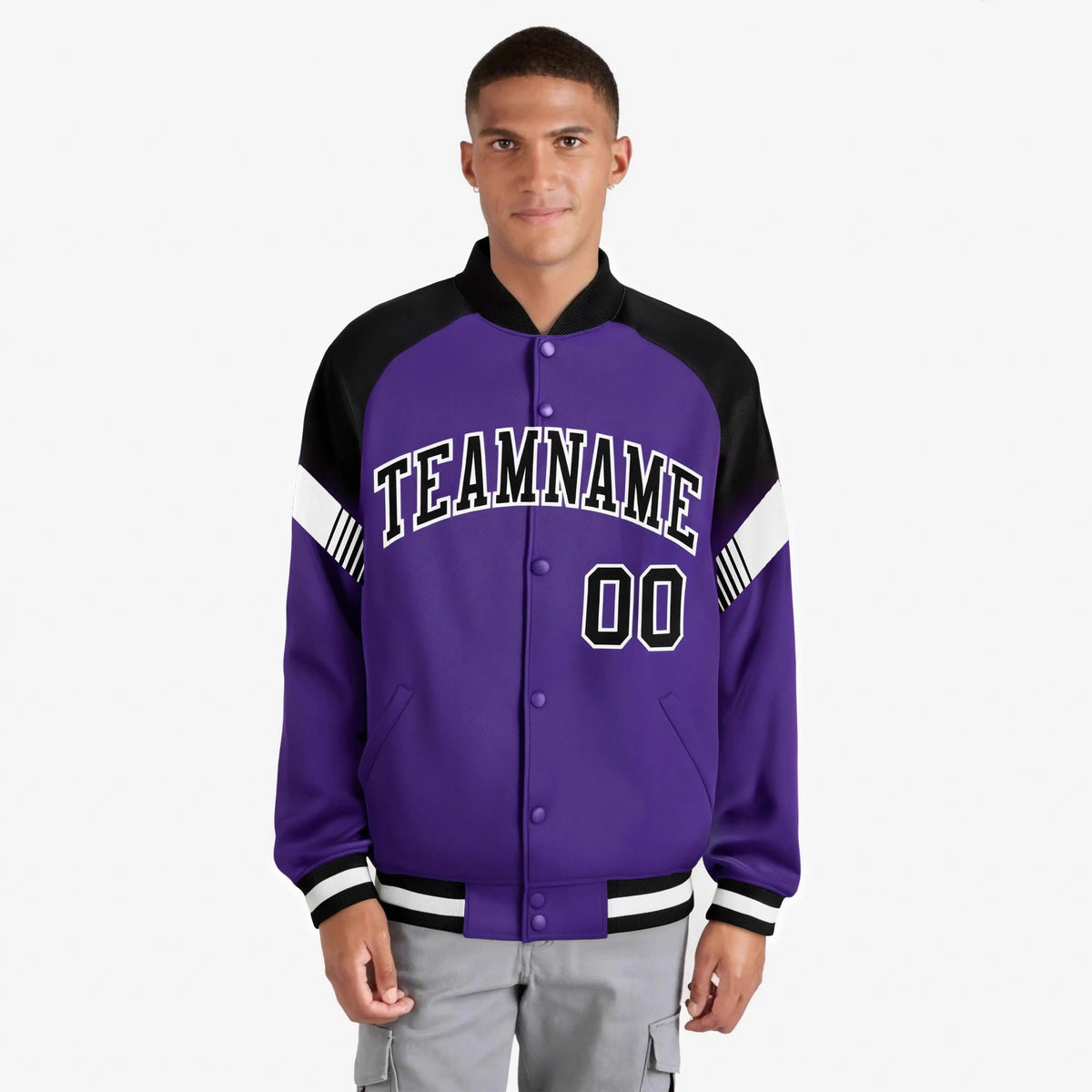 Custom Purple Black-White Varsity Full-Snap Color Block Letterman Jacket