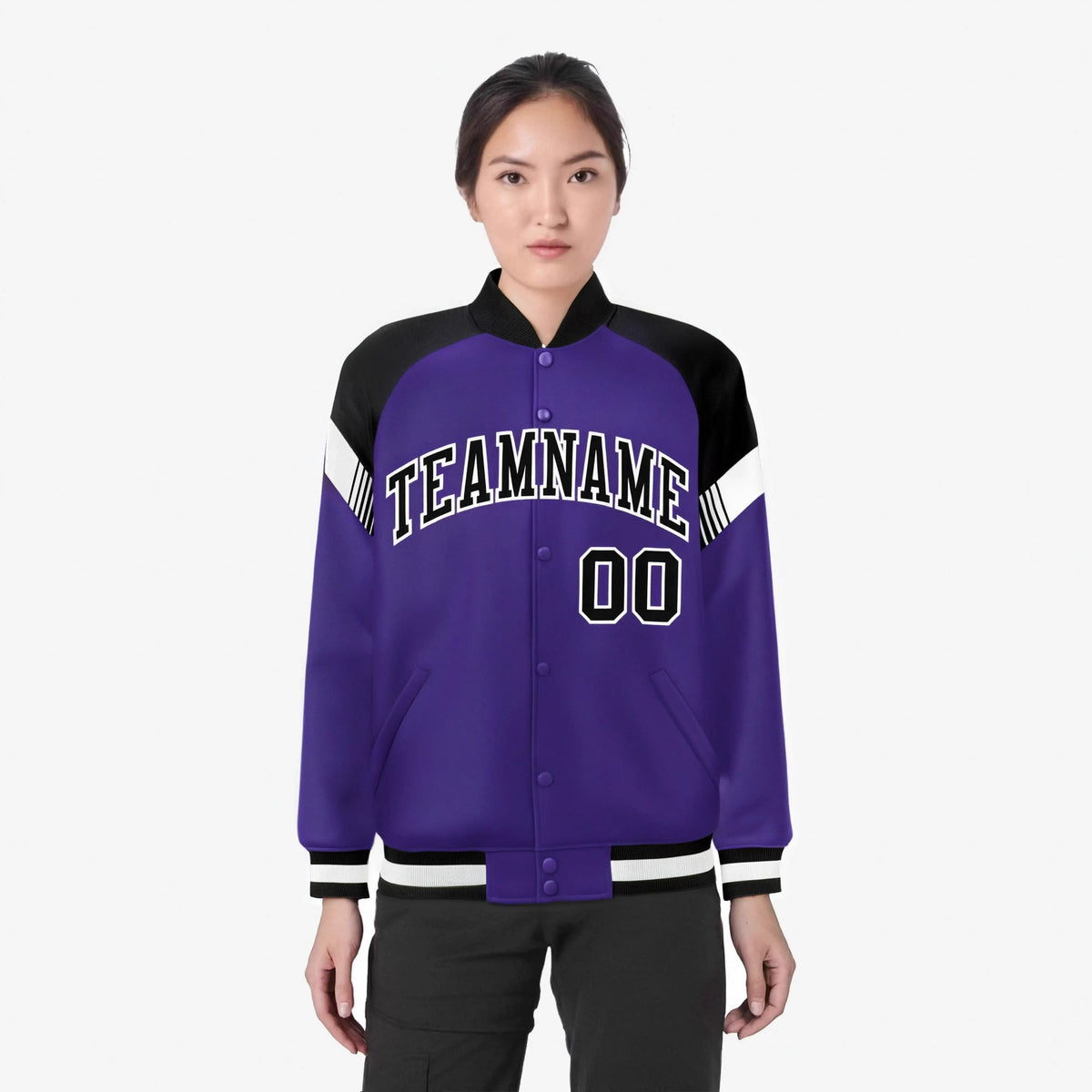 Custom Purple Black-White Varsity Full-Snap Color Block Letterman Jacket