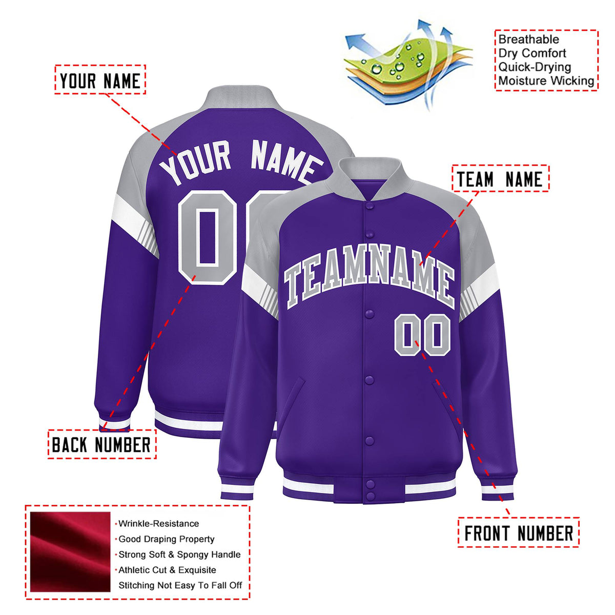 Custom Purple Gray-White Varsity Full-Snap Color Block Letterman Jacket