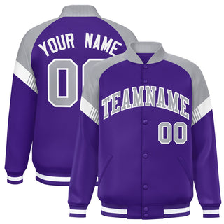 Custom Purple Gray White Varsity Full-Snap Color Block Letterman Jacket