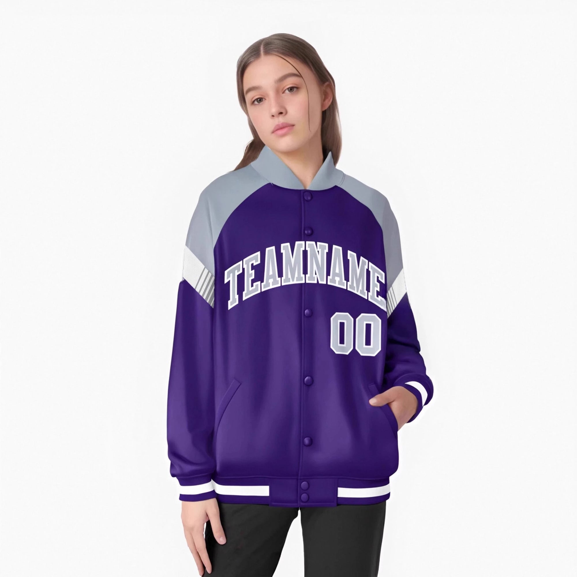 Custom Purple Gray-White Varsity Full-Snap Color Block Letterman Jacket