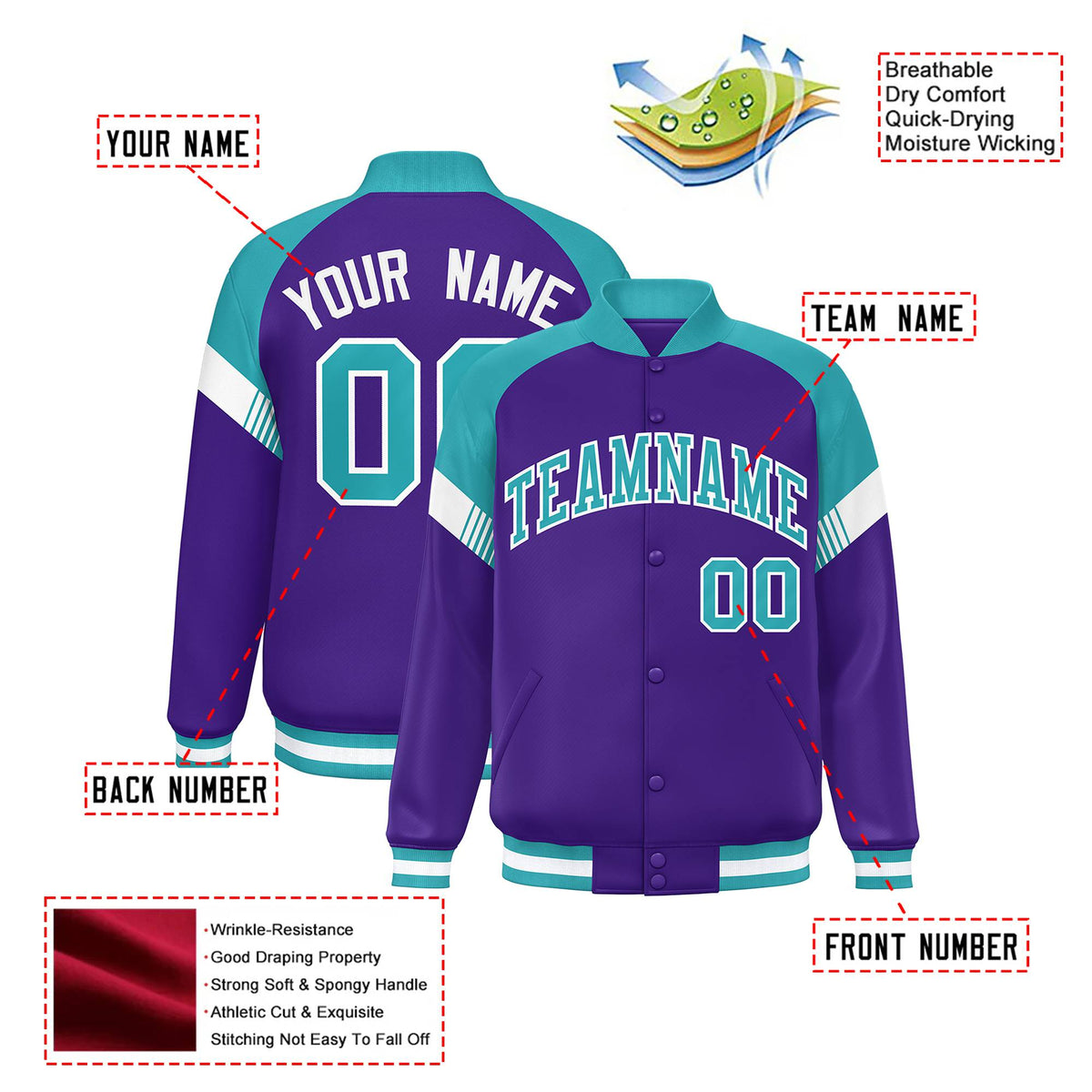 Custom Purple Aqua-White Varsity Full-Snap Color Block Letterman Jacket