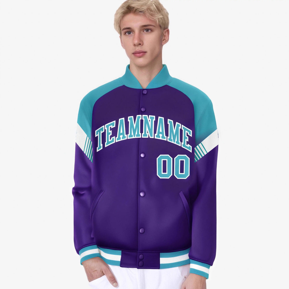 Custom Purple Aqua-White Varsity Full-Snap Color Block Letterman Jacket