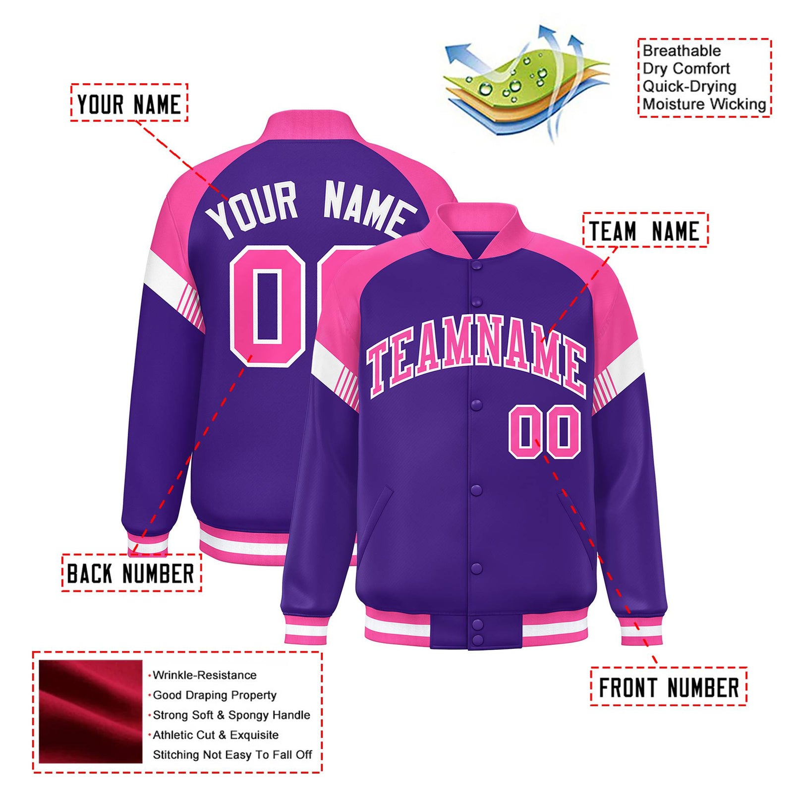 Custom Purple Pink-White Varsity Full-Snap Color Block Letterman Jacket