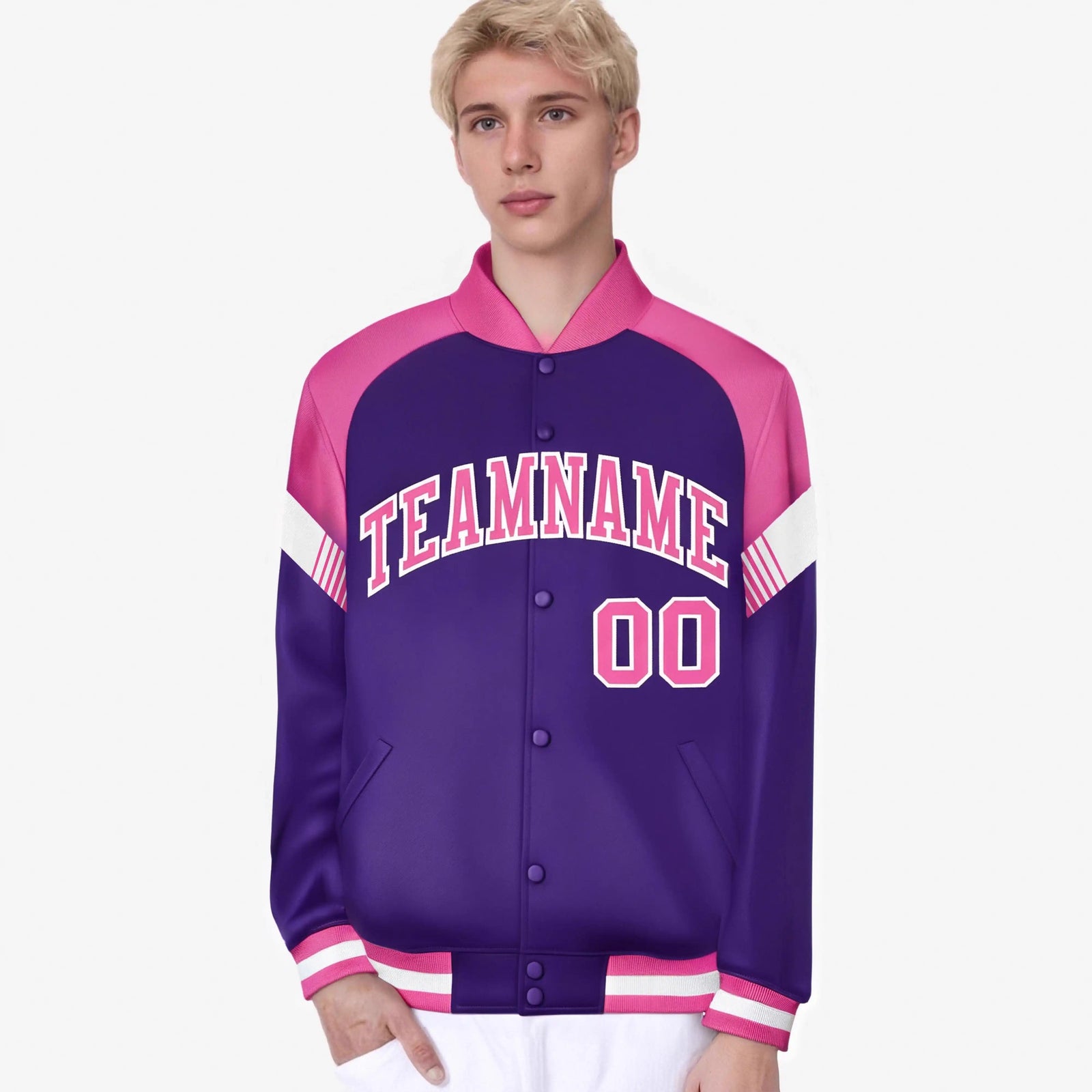 Custom Purple Pink-White Varsity Full-Snap Color Block Letterman Jacket