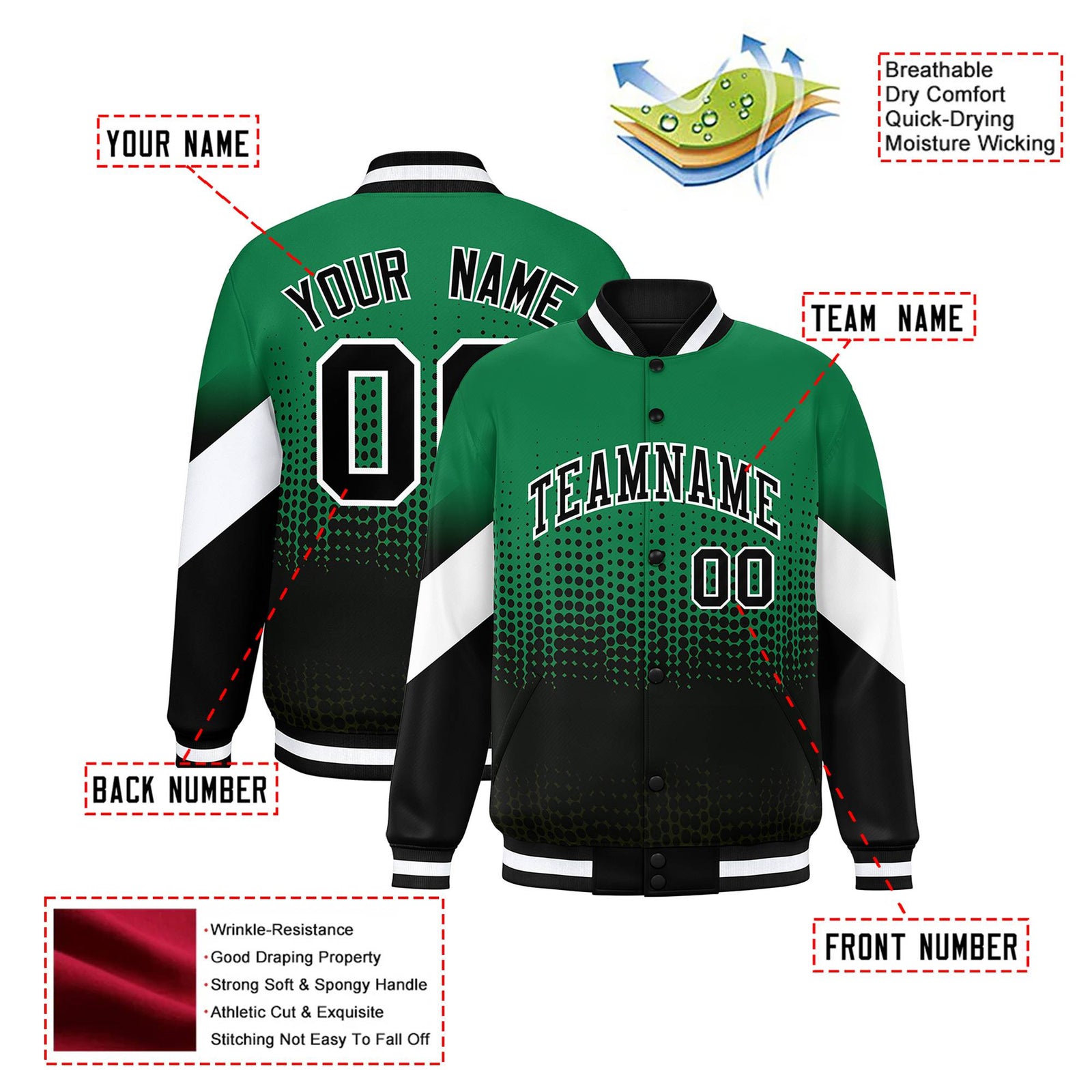 Custom Kelly Green Black Gradient Varsity Full-Snap Polka Dot Pattern Letterman Baseball Jacket